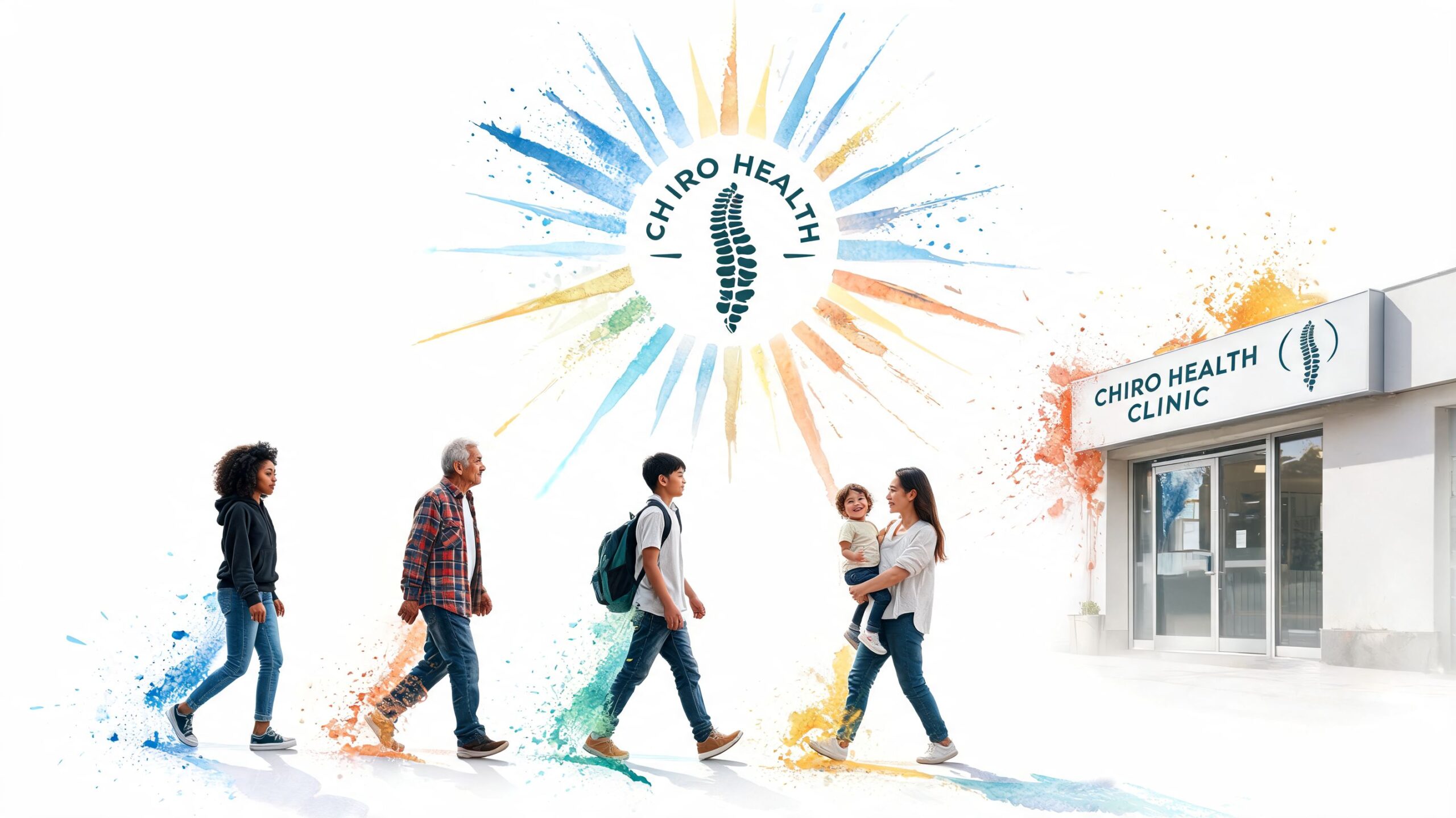 A diverse group of people walking toward a modern Chiro Health clinic building with artistic colorful accents.