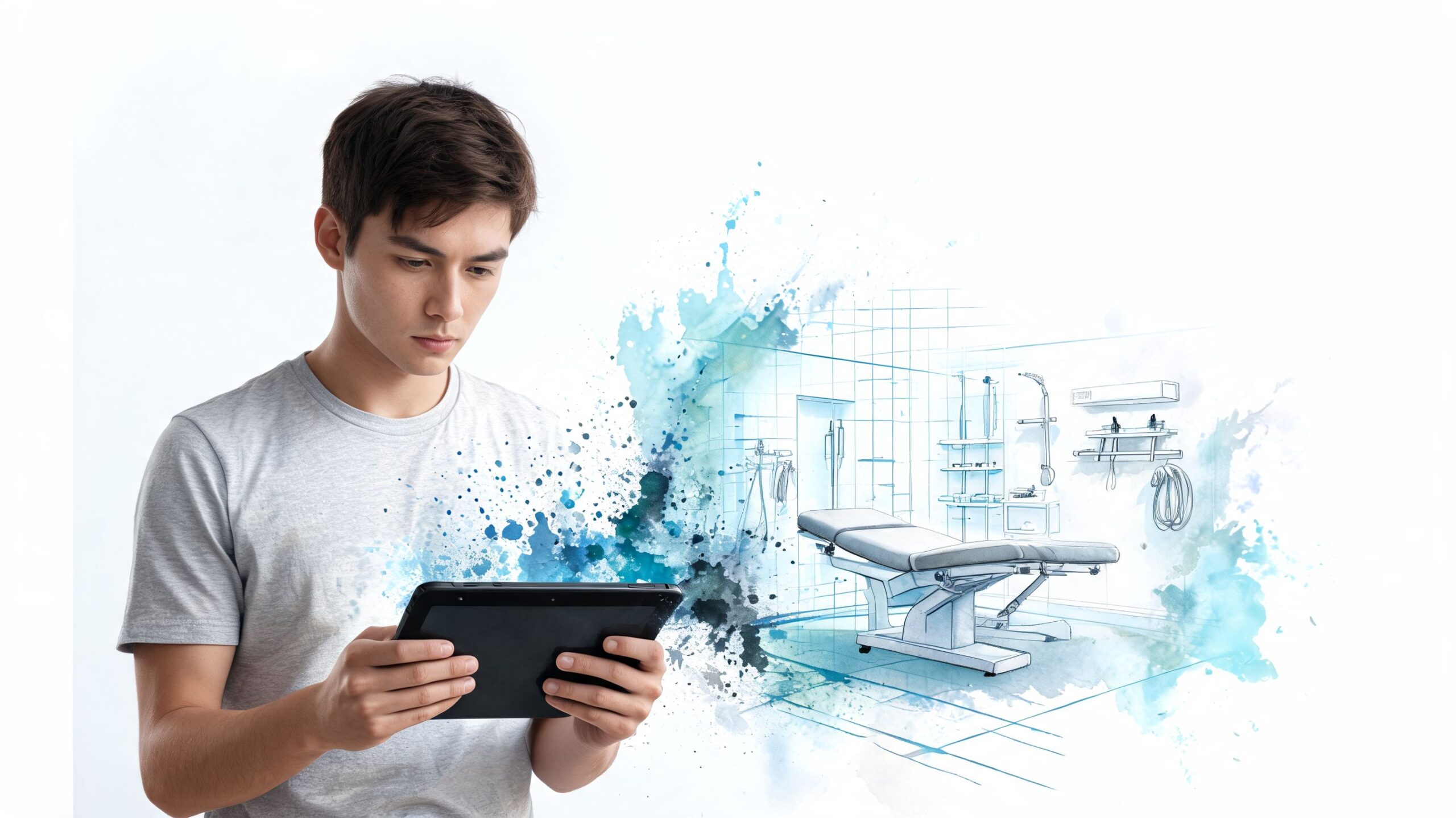 A young man looking at a digital tablet with a medical treatment room sketch overlaying the background.