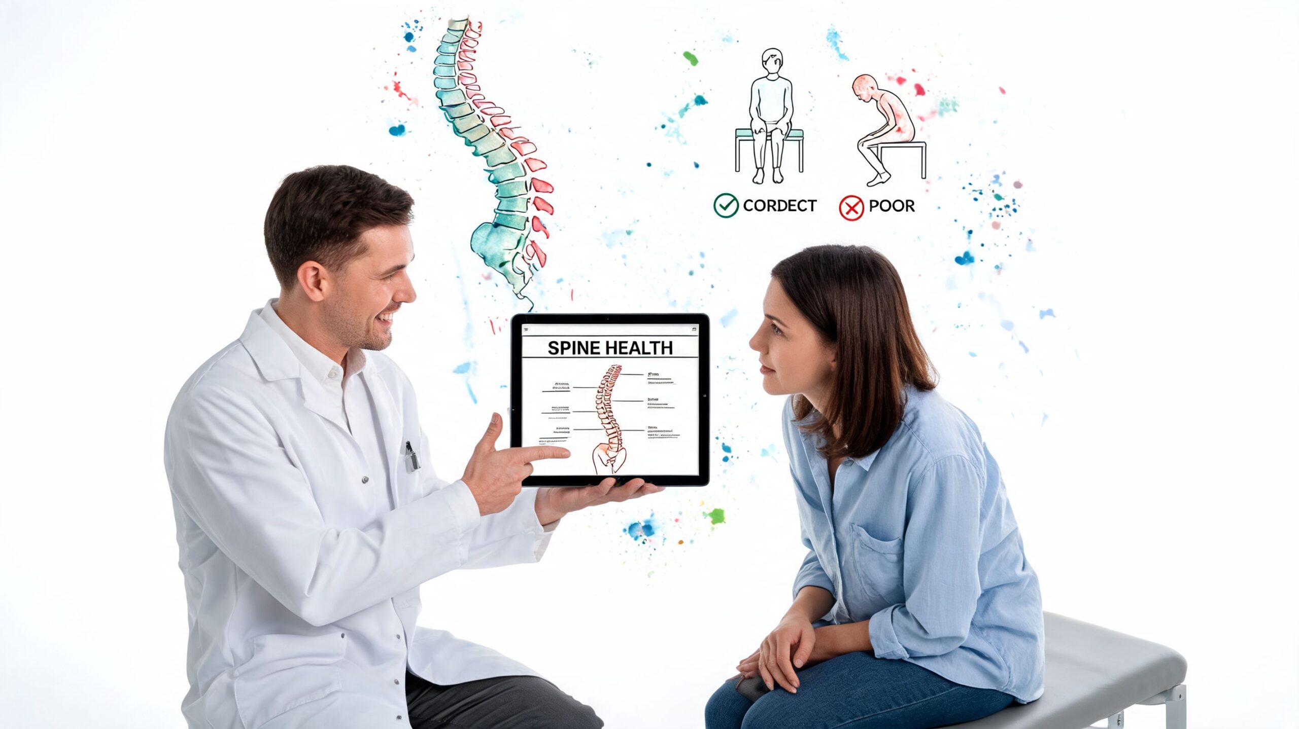 A male chiropractor discusses spine health with a female patient using a digital tablet in his office.