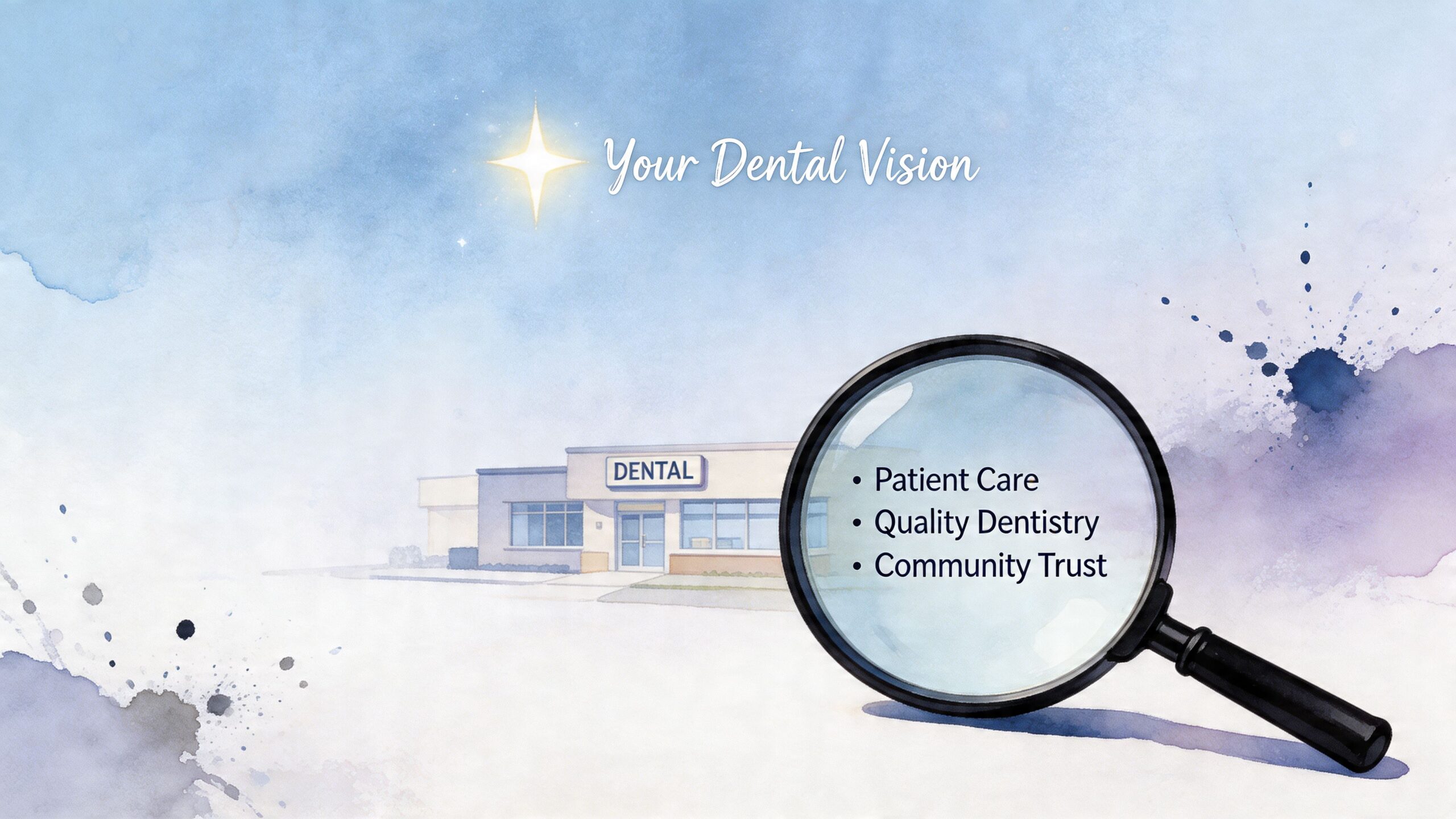 A magnifying glass focusing on dental business values including patient care, quality dentistry, and community trust.