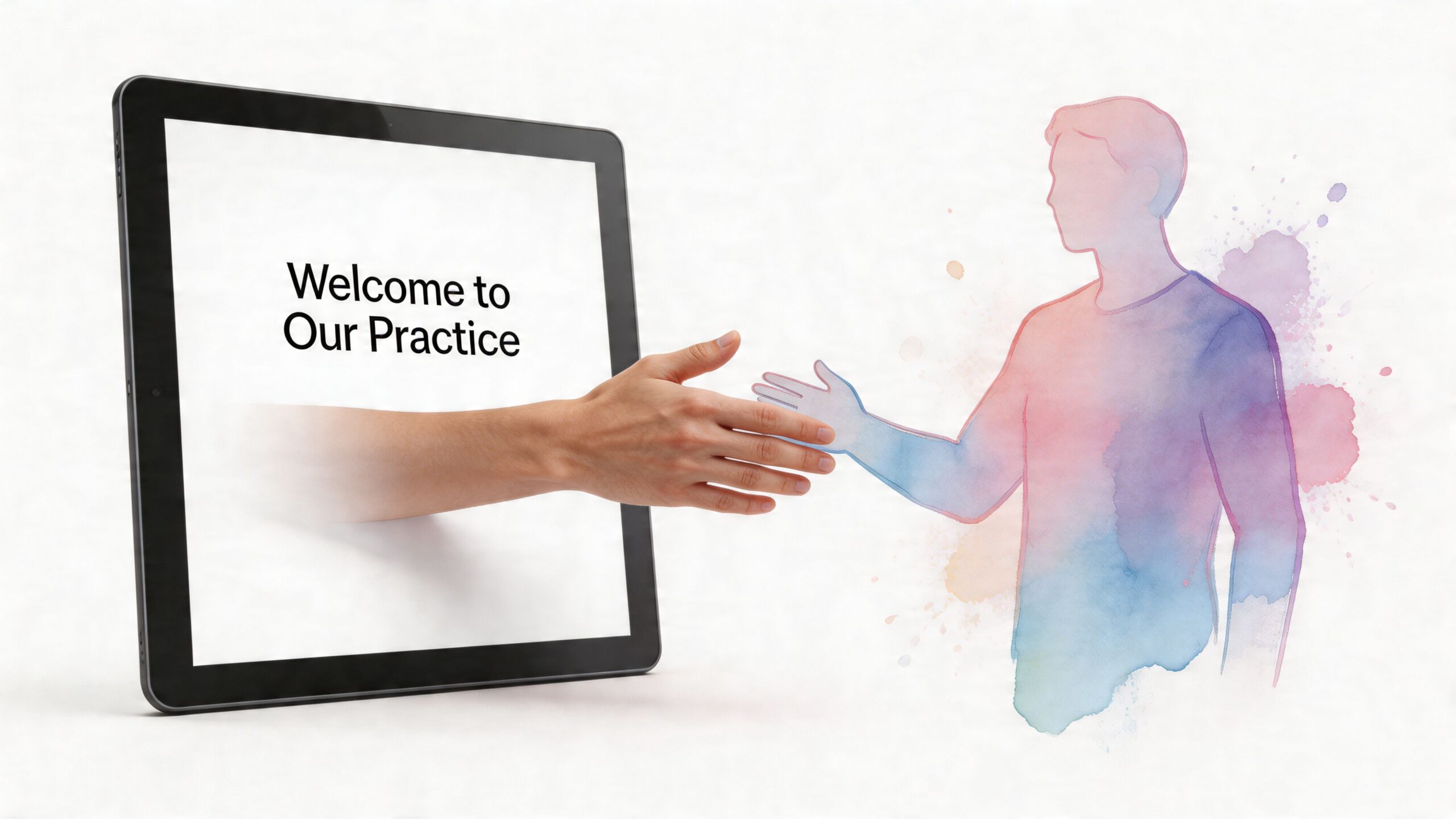A digital handshake between a physical hand reaching from a tablet and a watercolor illustration of a person.