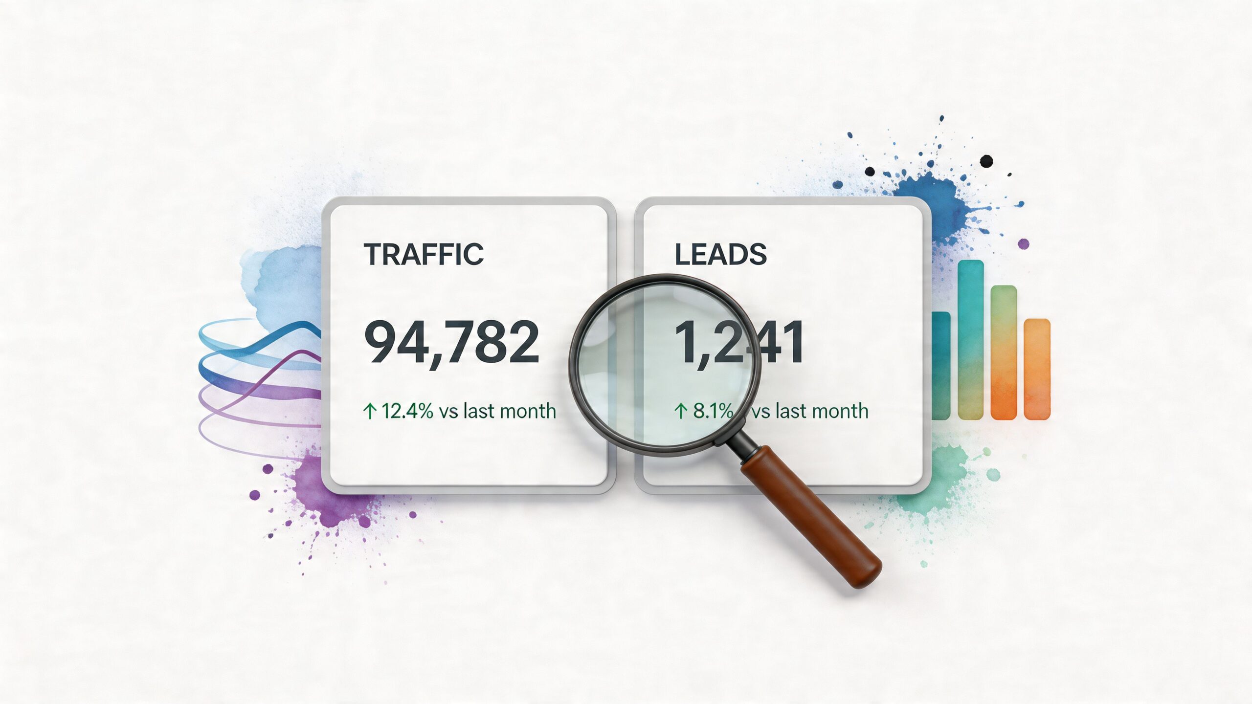 A magnifying glass inspecting dashboard cards showing traffic and lead metrics for business growth analysis.