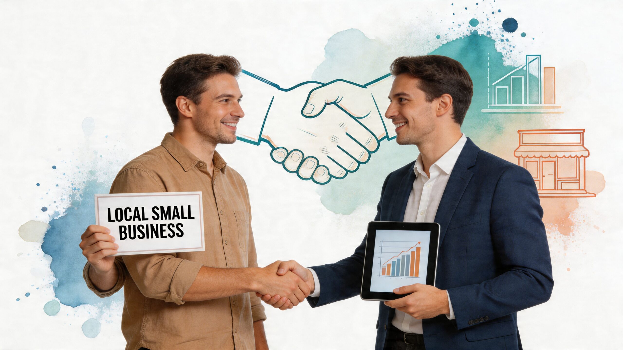 A businessman in a suit and a person in a casual shirt shaking hands, representing partnership.