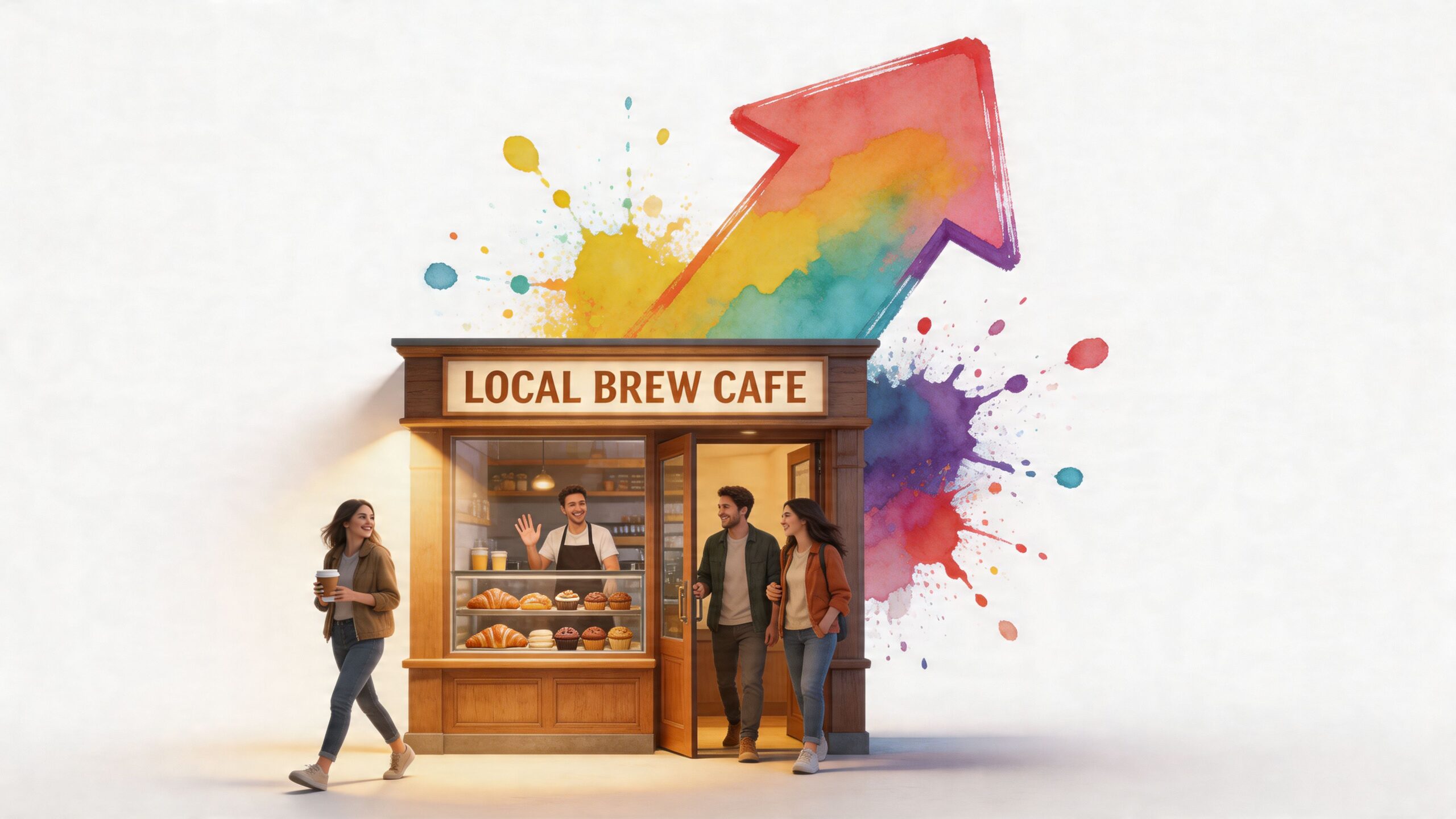 A small local cafe with happy customers and a colorful artistic arrow graphic indicating business growth.