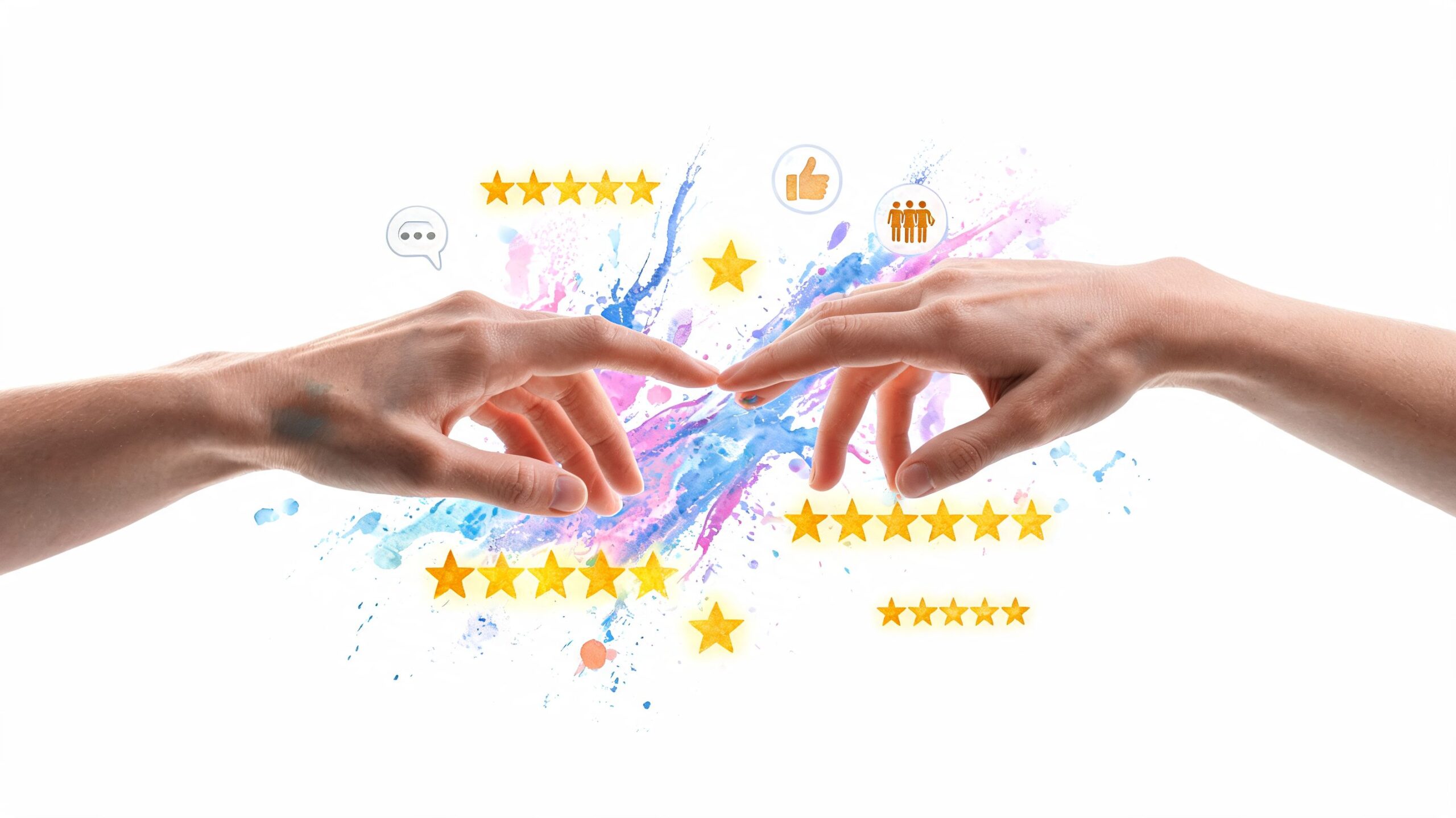 Two hands reaching towards each other surrounded by floating five-star rating icons and colorful watercolor splashes.