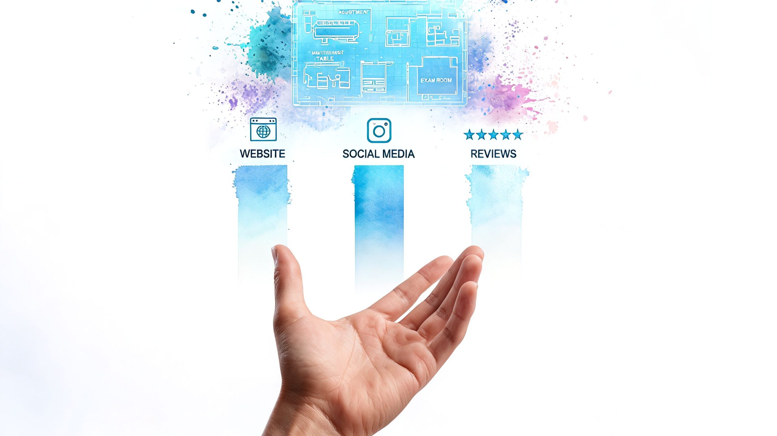A hand gesturing toward digital marketing icons for a chiropractic office including website, social media, and reviews.