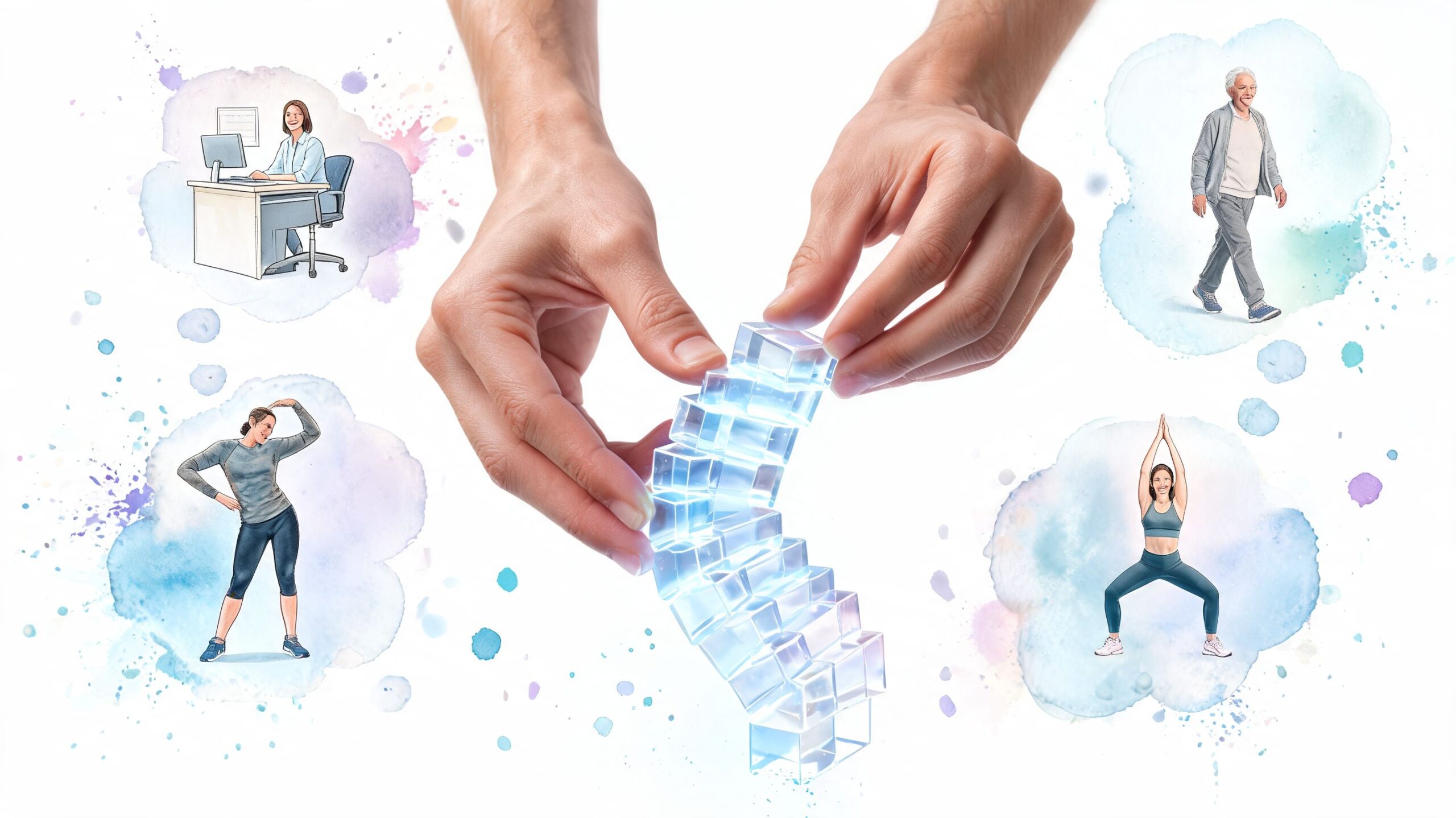 Hands stacking translucent cubes representing a spine, surrounded by illustrations of people exercising and working.