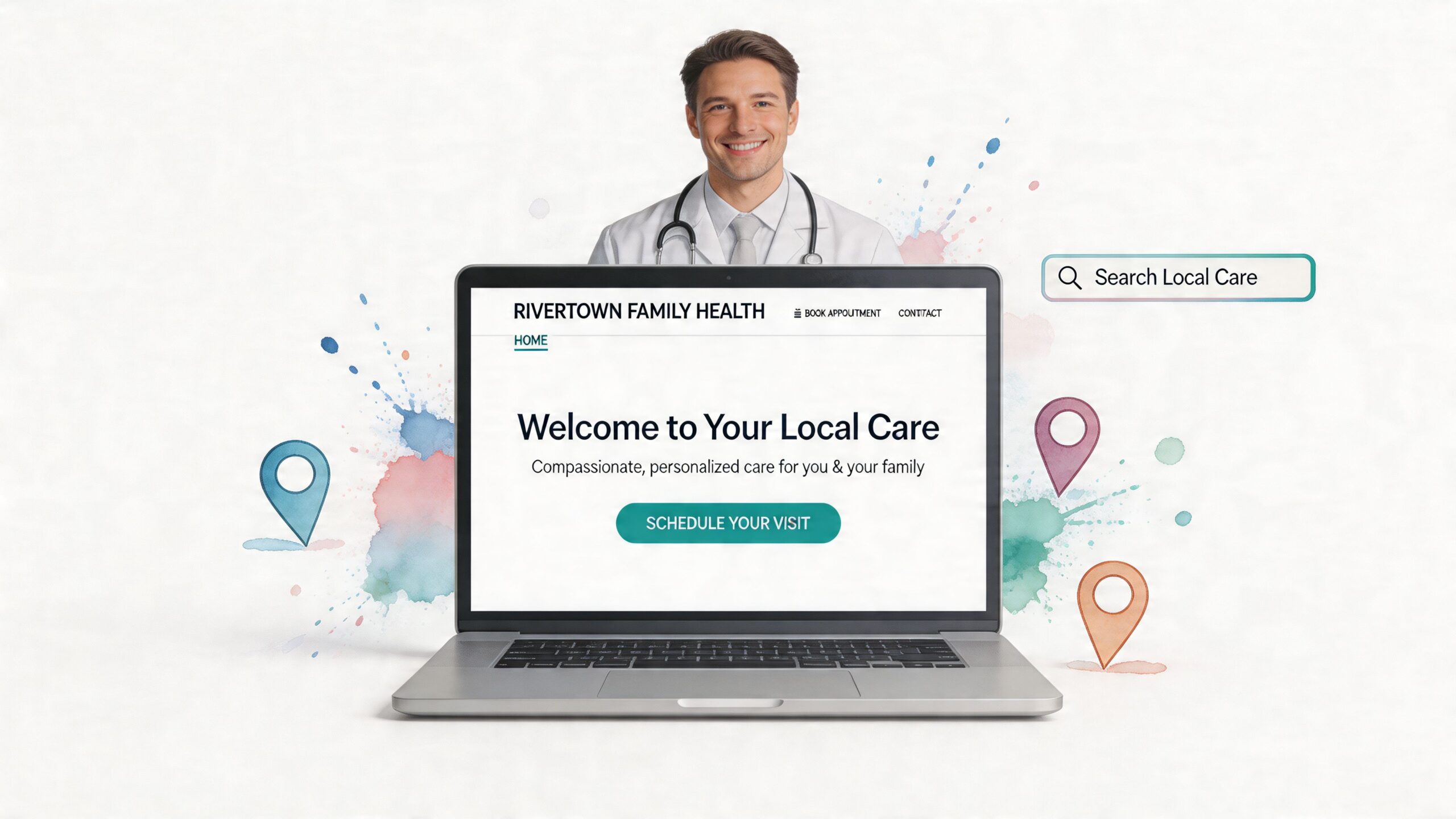 A friendly doctor smiling behind a laptop displaying a family health website for local medical appointments.