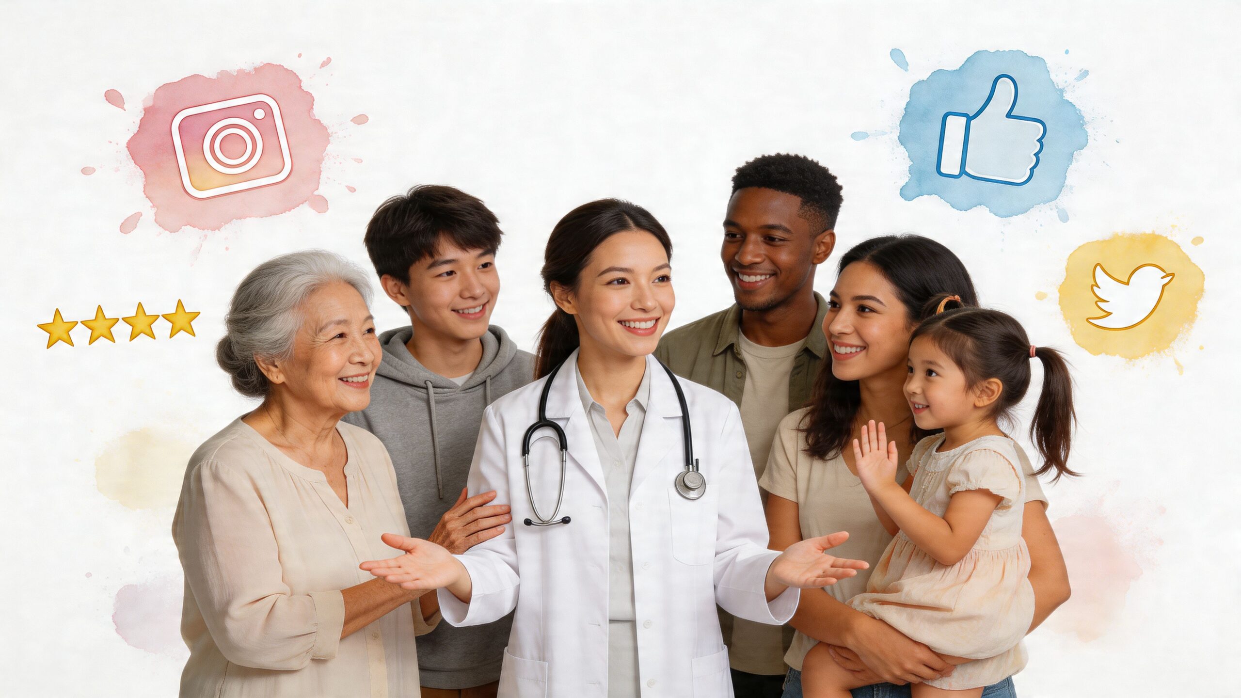 A friendly female doctor smiling at a diverse group of patients with social media icons in the background.