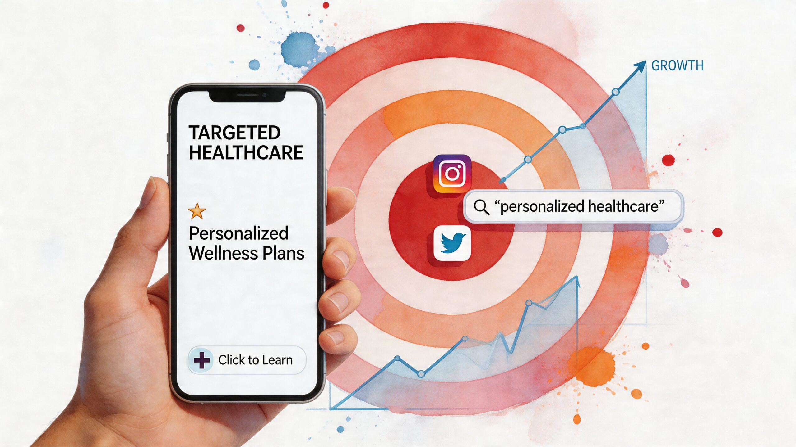 A hand holding a smartphone showing personalized healthcare wellness plans targeting social media user search results.
