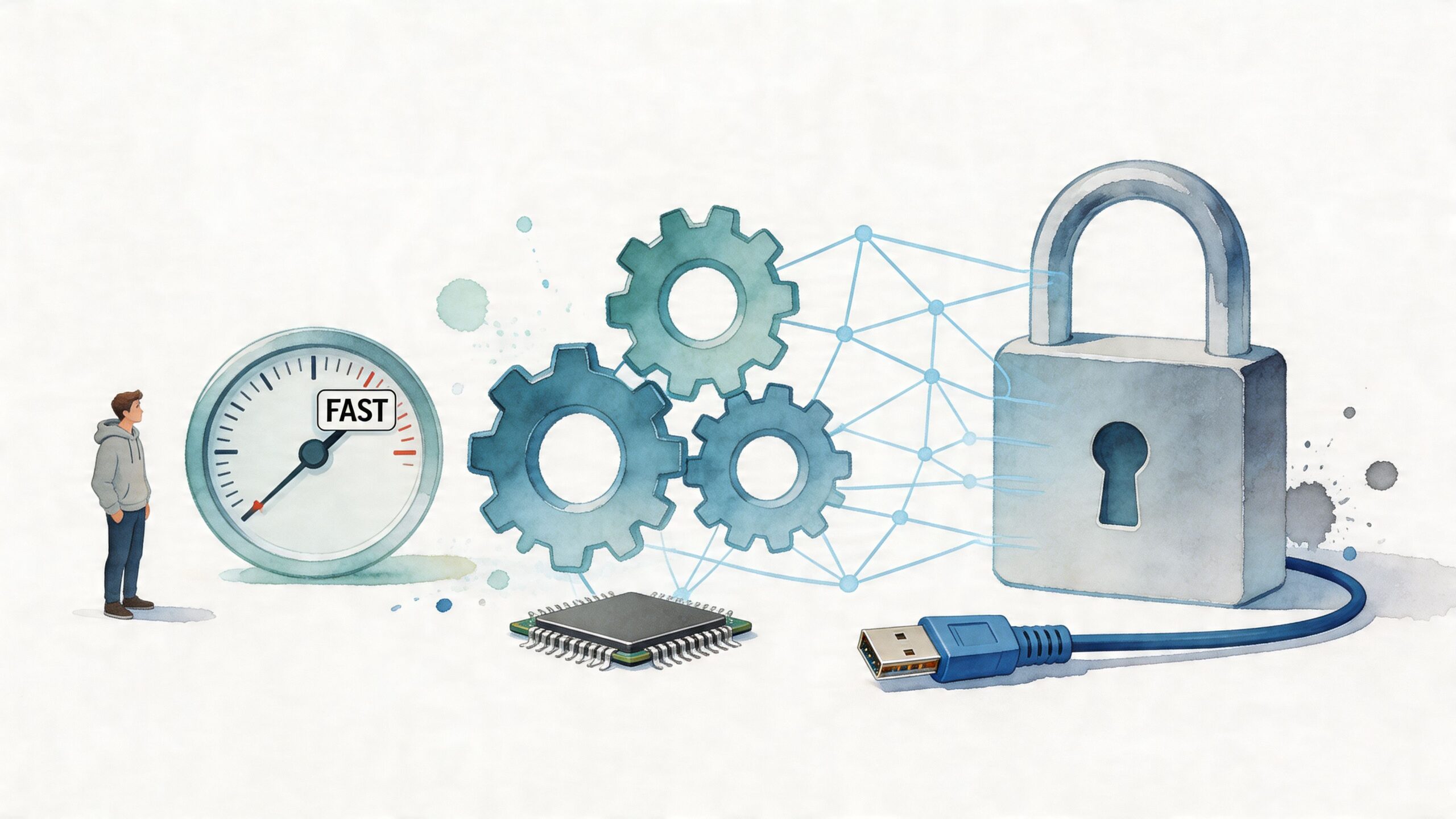 A digital illustration showing a person looking at a speedometer, gears, computer chip, padlock, and USB cable.