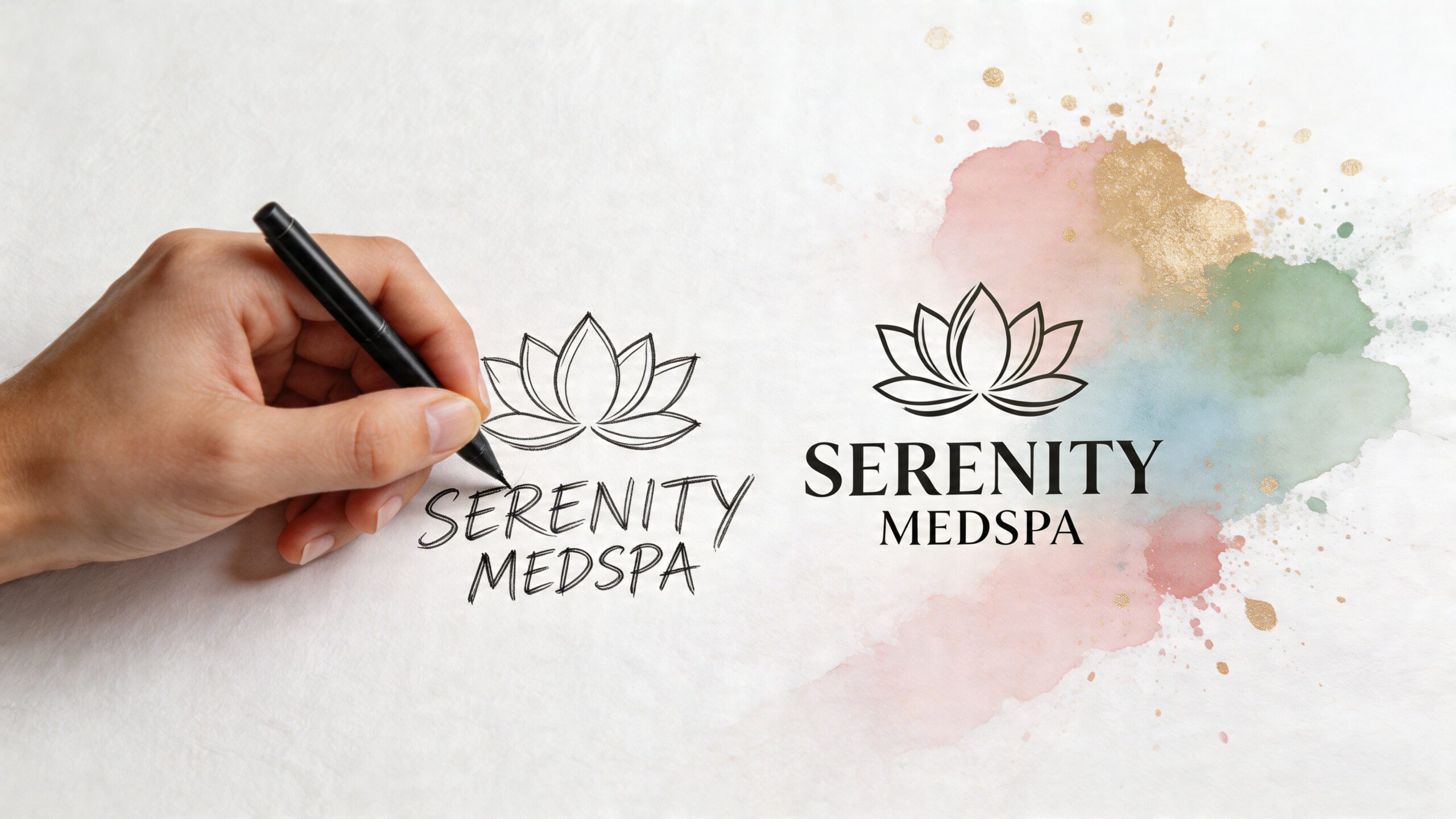 A hand sketches a lotus flower logo design next to a polished version for Serenity Medspa.