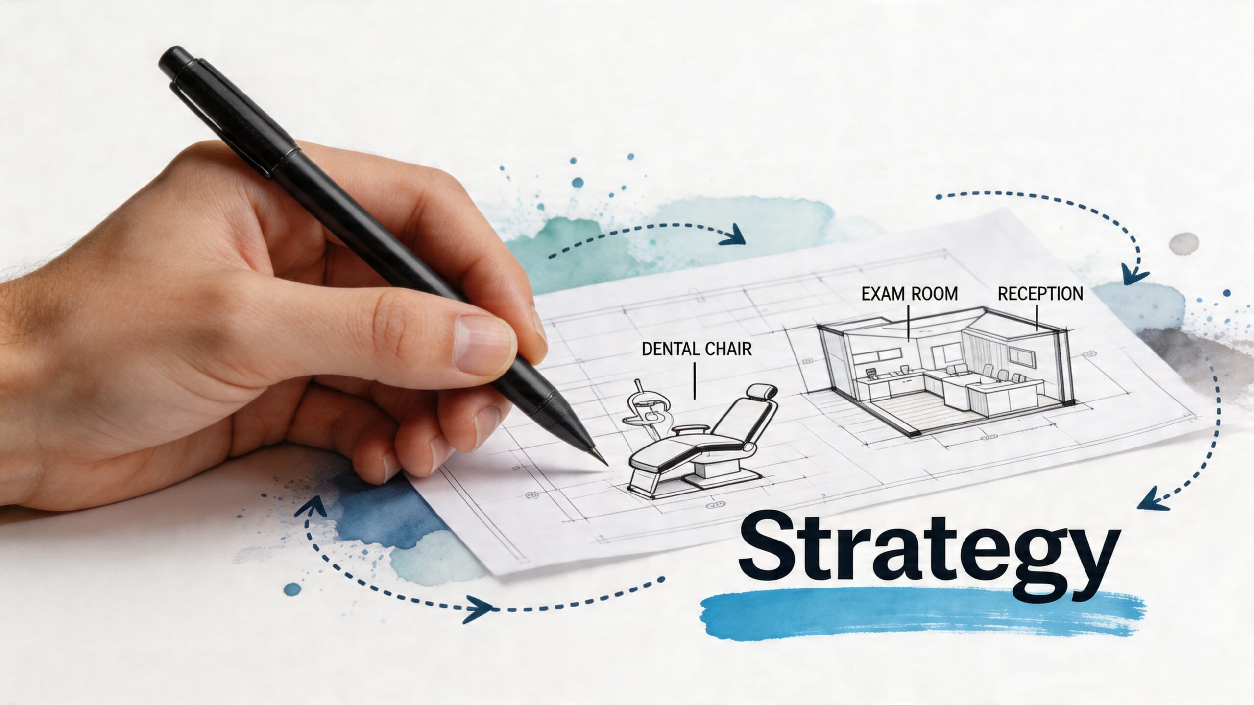 A hand drawing a floor plan for a dental office on paper with a pen.