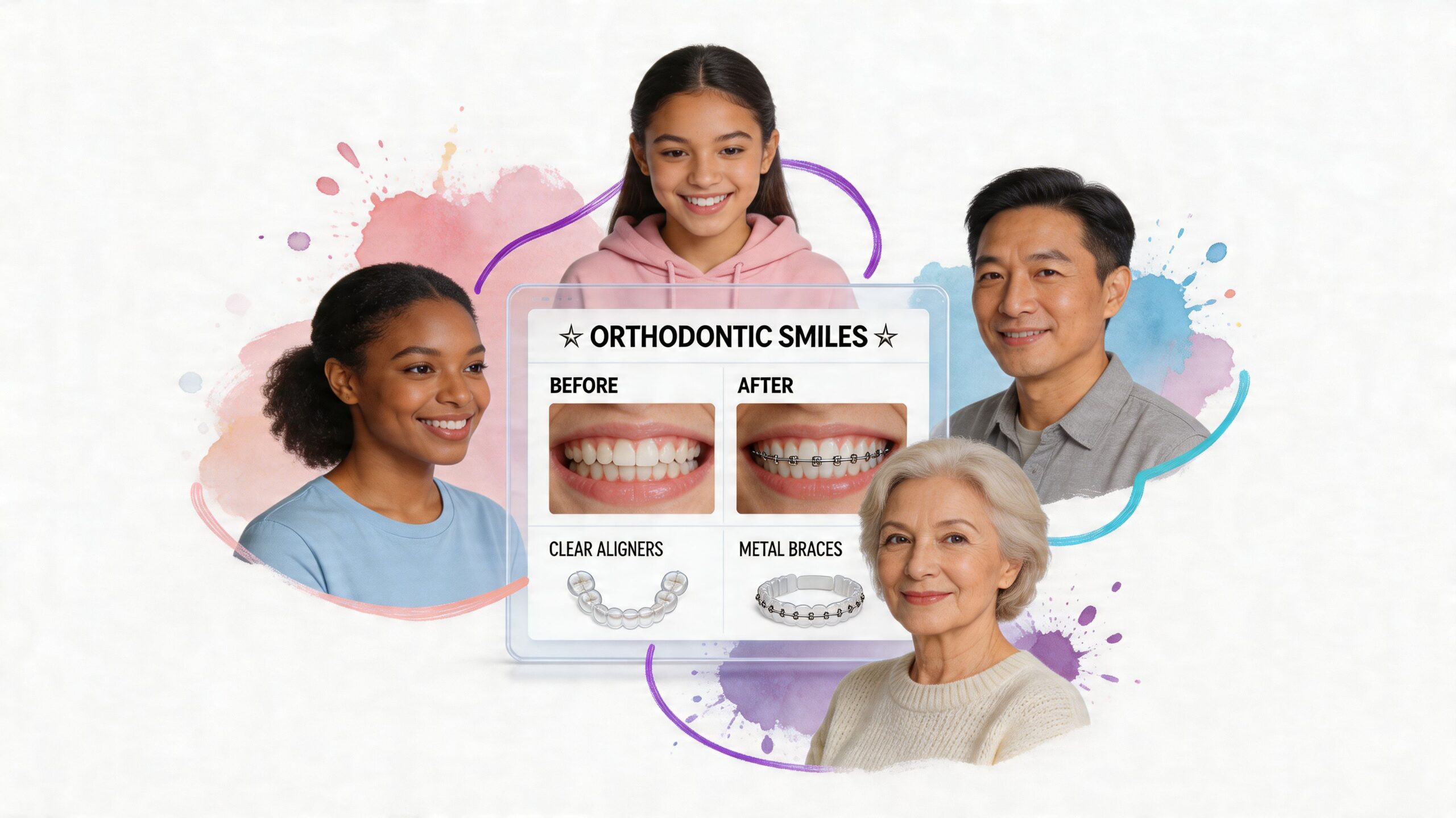Diverse group of people with a digital infographic display showing orthodontic smile before and after treatment examples.