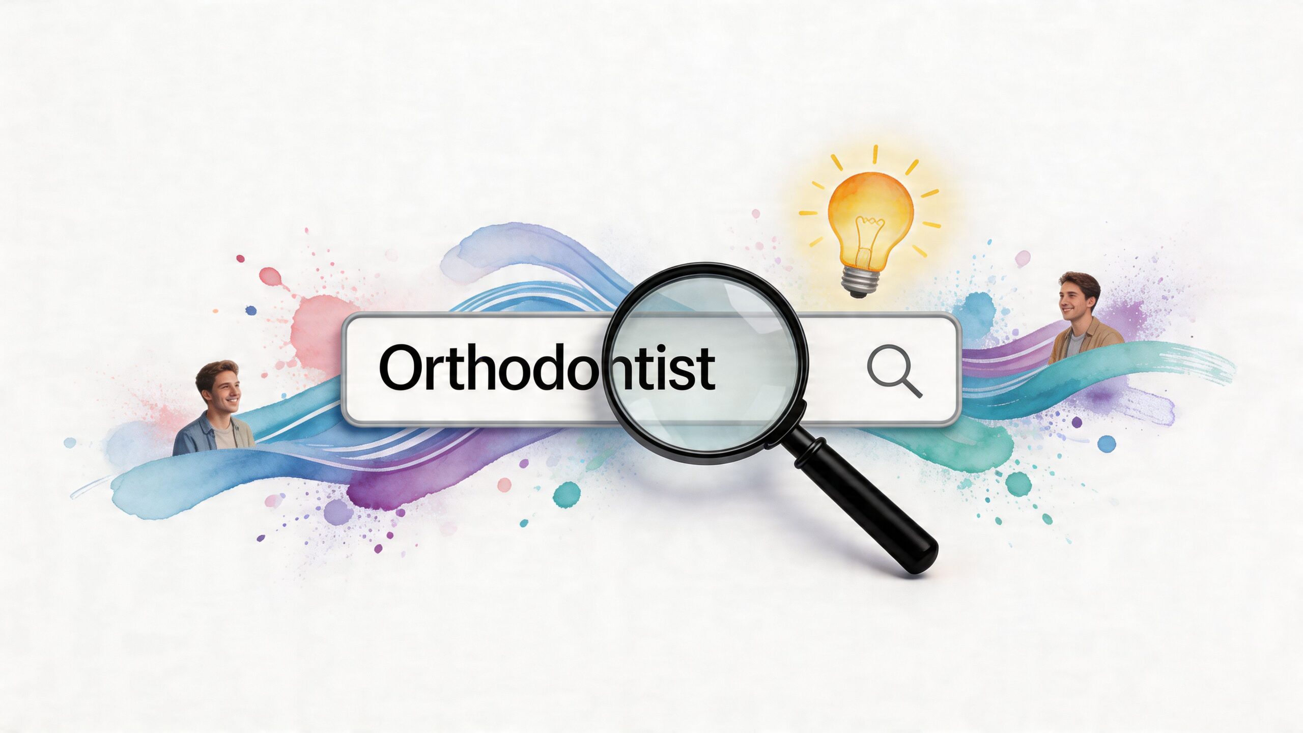 A magnifying glass positioned over a search bar with the word Orthodontist and decorative digital artistic elements.