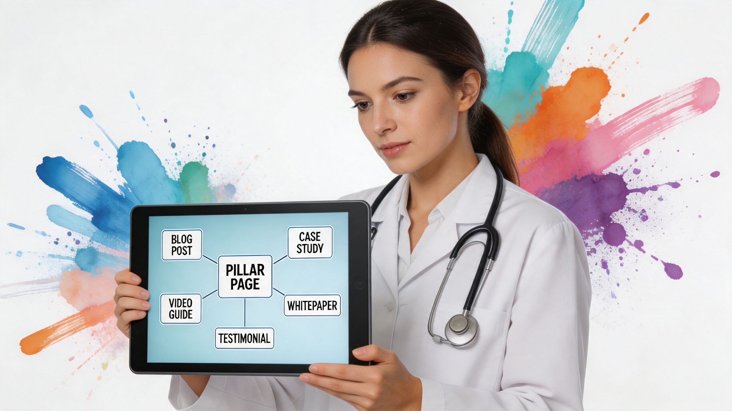 A female doctor in a lab coat holding a tablet displaying a marketing pillar page strategy diagram.