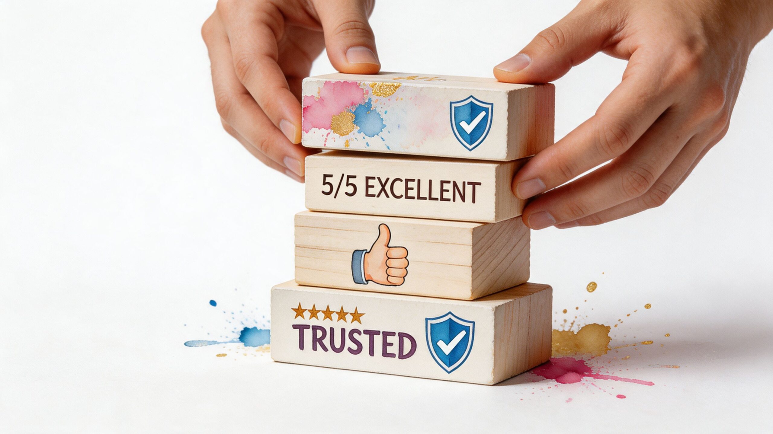A person stacking wooden blocks representing excellent service, trust, and a five-star rating for medical services.