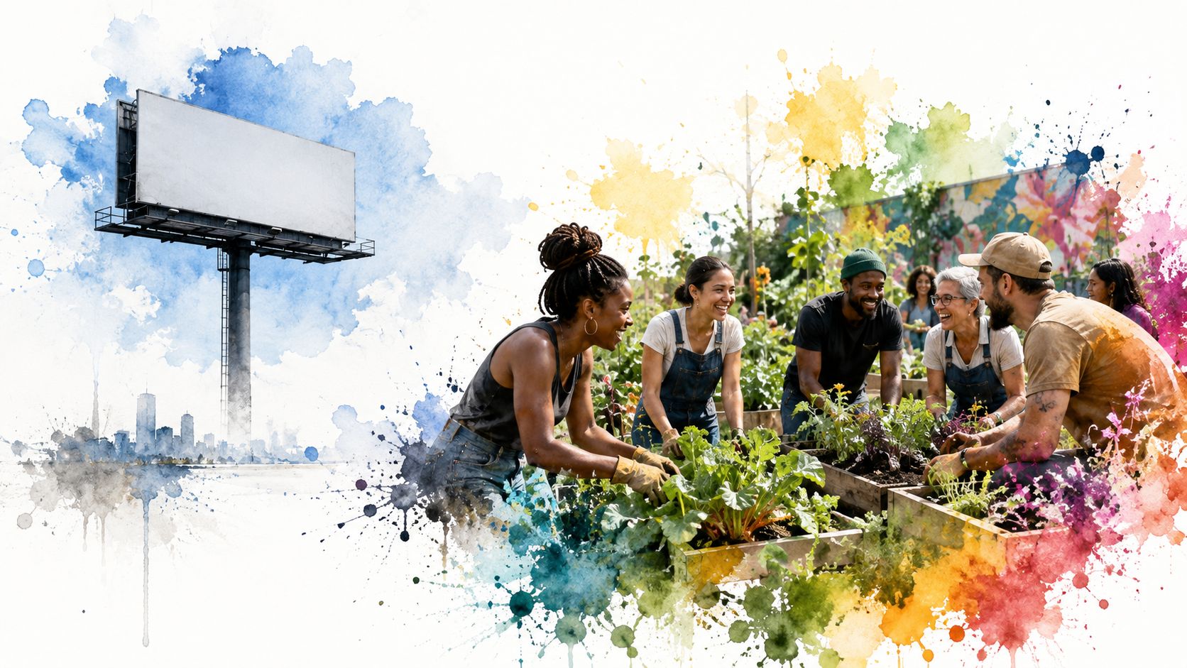 A diverse group of people gardening together in a vibrant community garden with a large blank billboard.