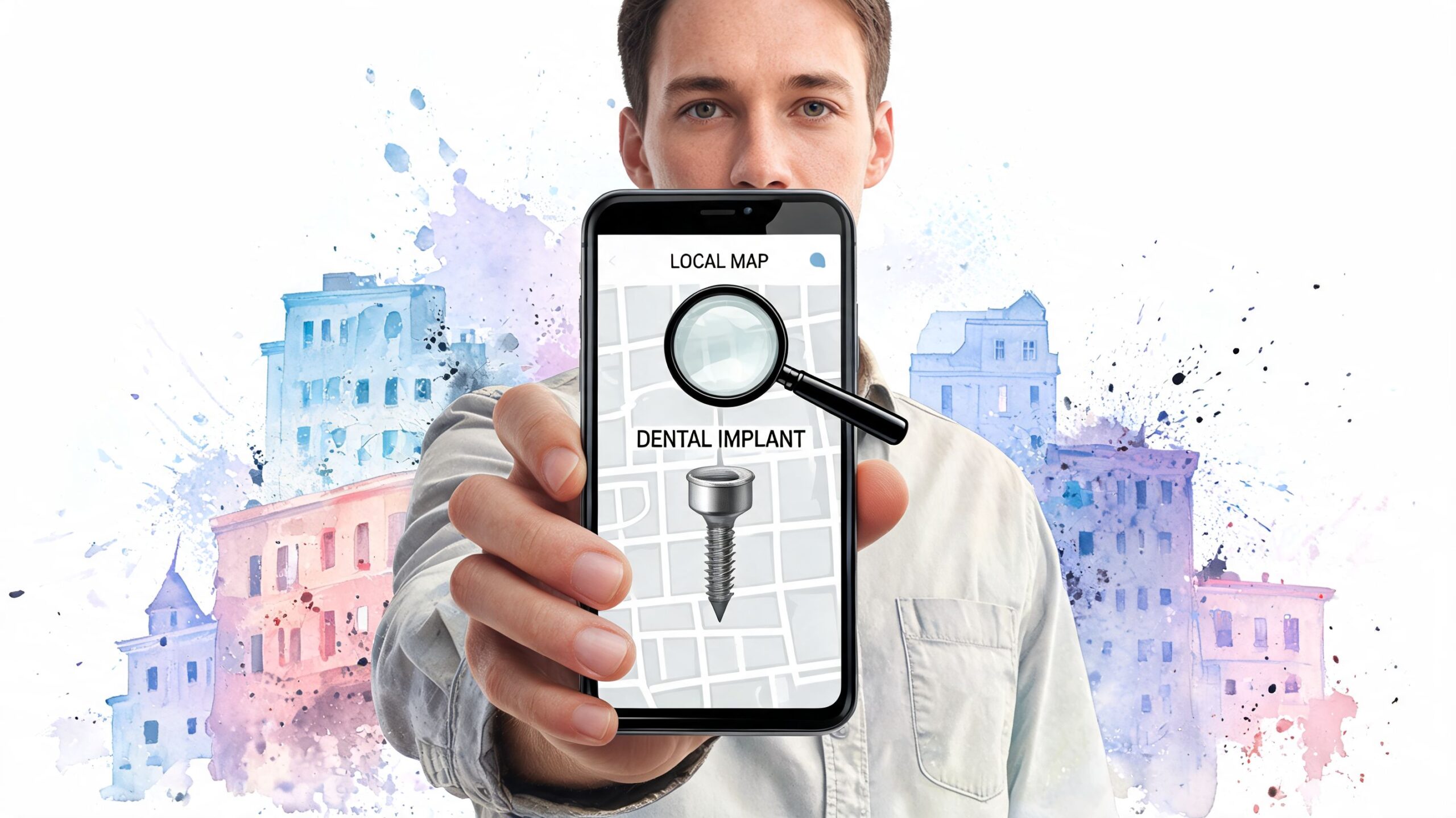 A man holding a smartphone showing a local map search result for a dental implant procedure.