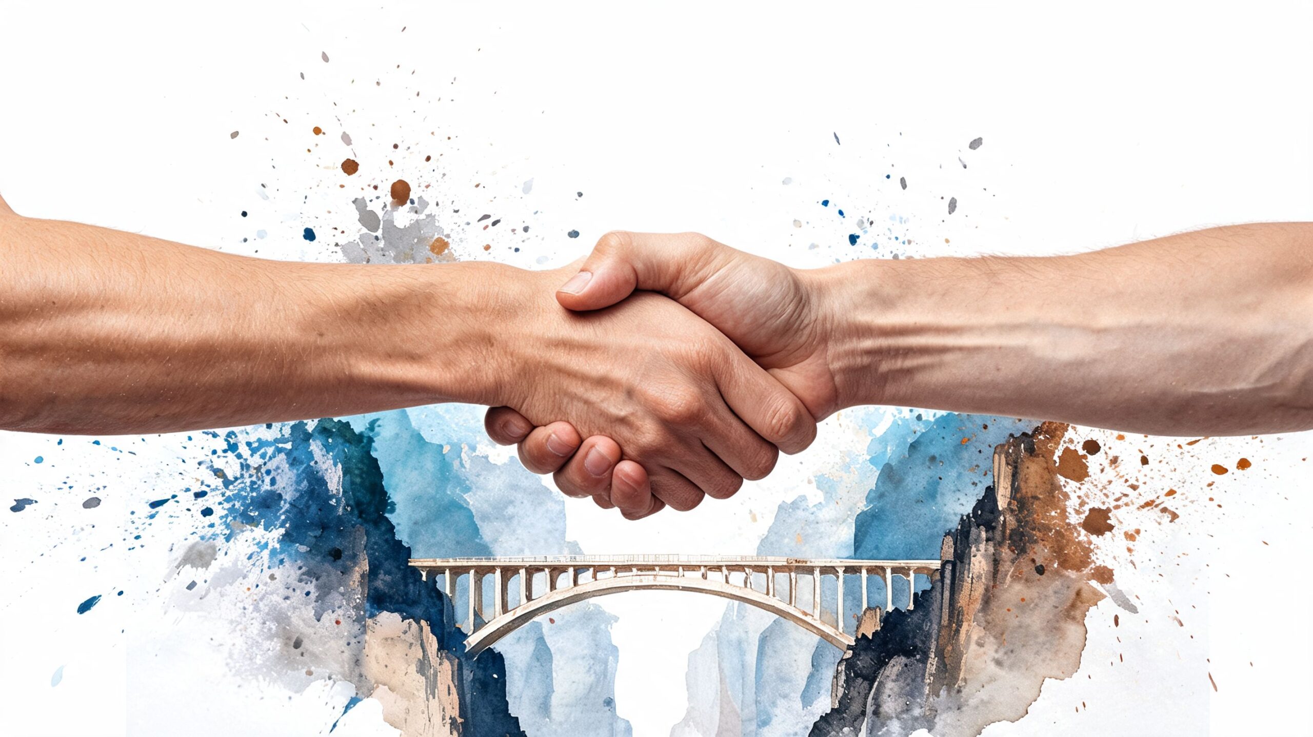 A symbolic handshake bridging two cliffs, representing partnership and professional connection in a business context.