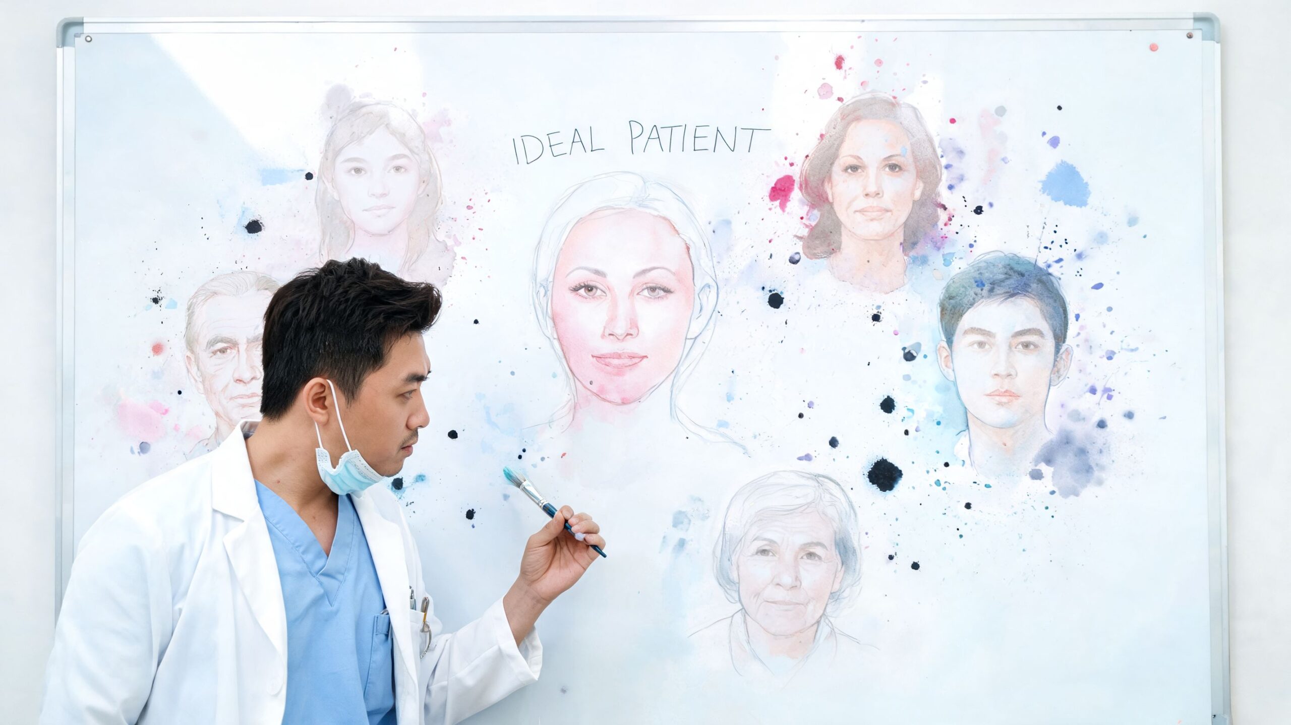 A surgeon holding a brush in front of a whiteboard with illustrations of diverse patient faces.