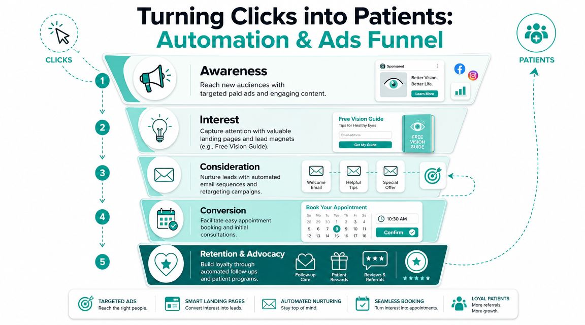A funnel diagram illustrating an automated patient acquisition strategy for eye care practices from clicks to loyal patients.
