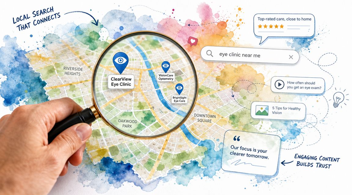 A magnifying glass focusing on eye clinics on a colorful illustrated city map for local SEO.