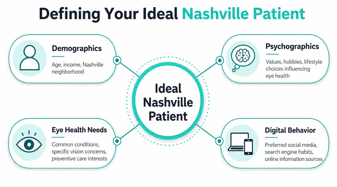 A diagram outlining key factors for defining an ideal Nashville patient for eye doctor marketing strategies.