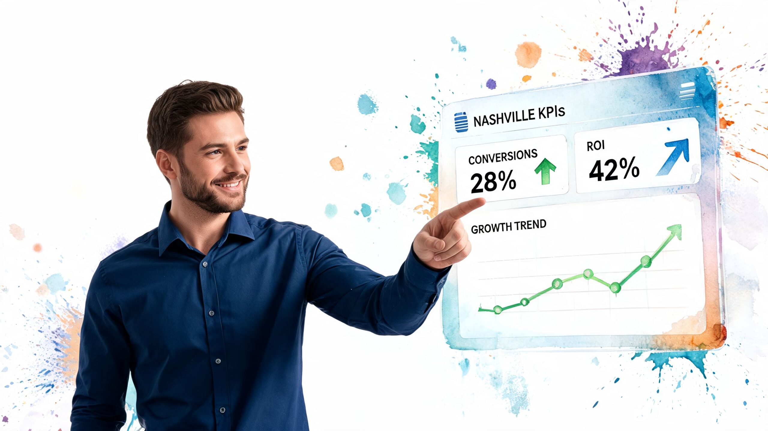 A professional man in a blue shirt interacting with a digital dashboard showing business performance analytics.