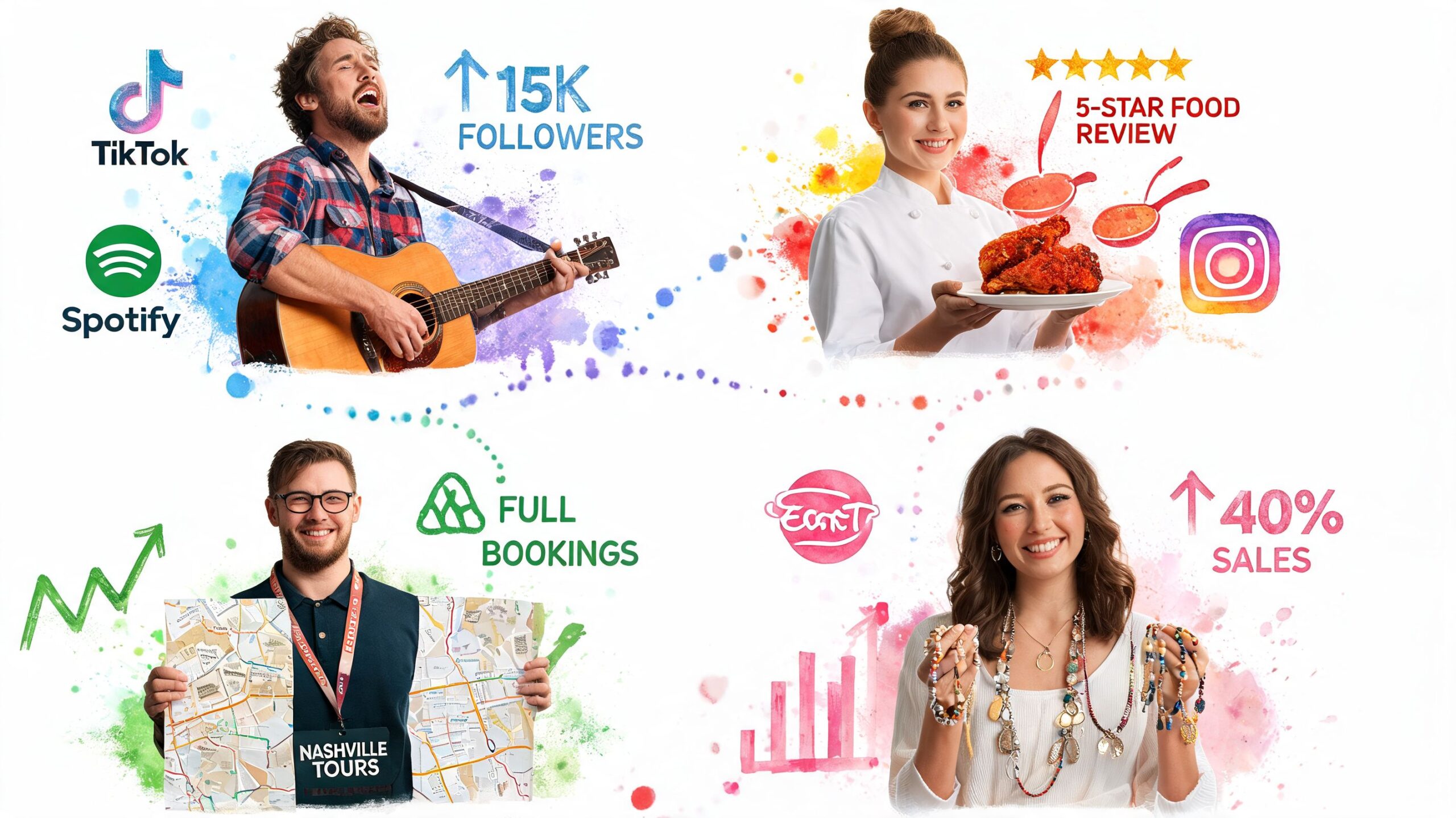 A collage showing four professional influencers successfully growing their brands across social media and local business sectors.