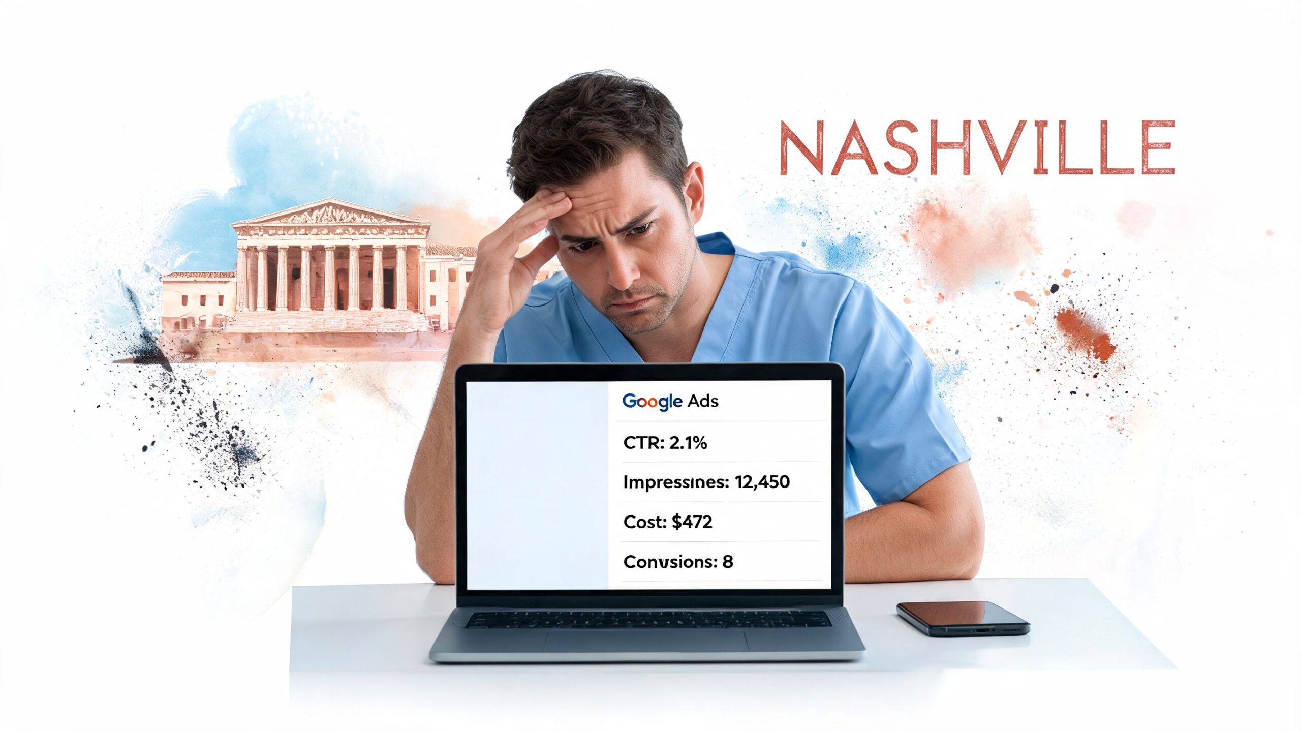 A stressed medical professional looking at Google Ads performance data on a laptop in Nashville.