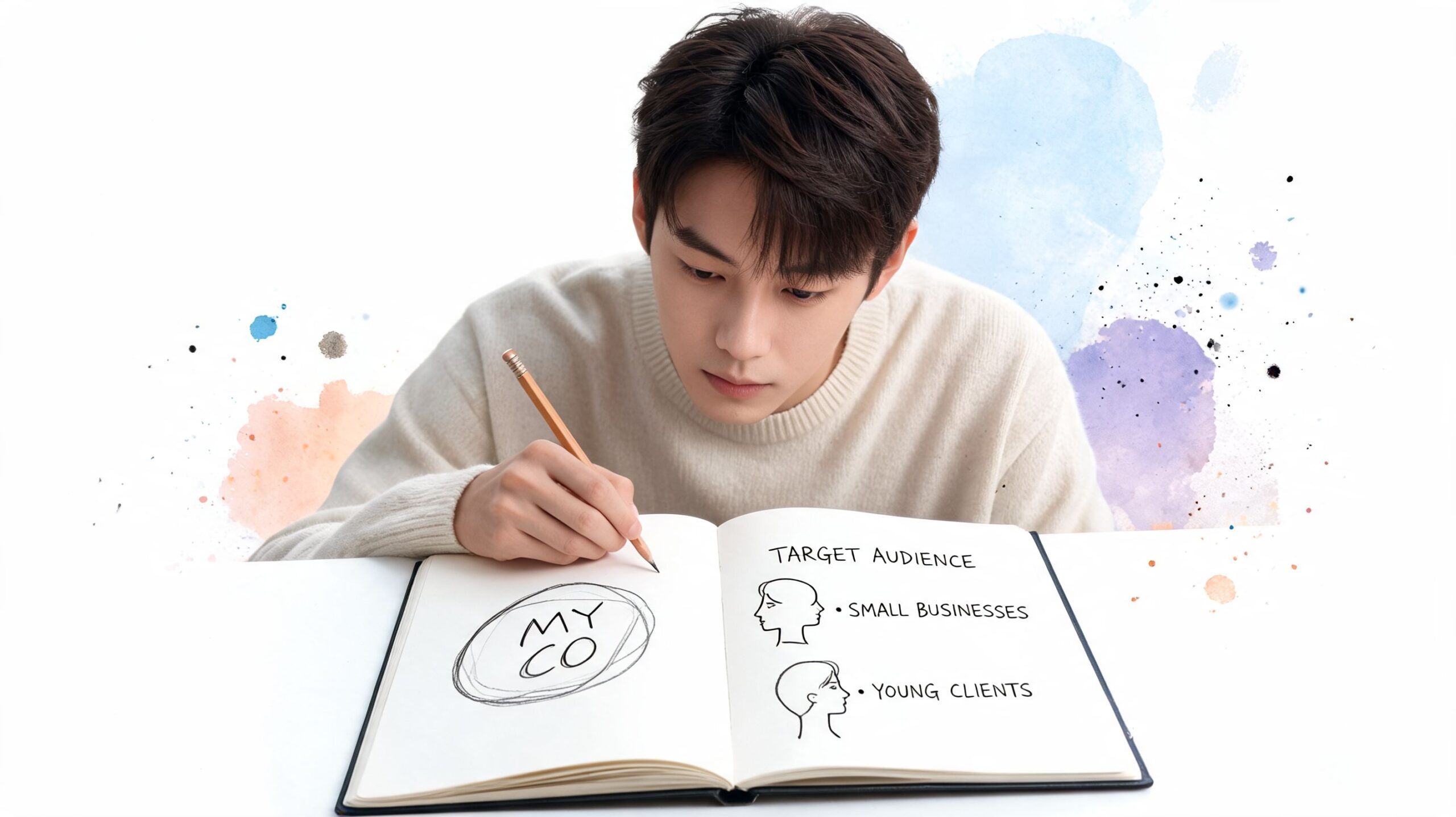 A young man sitting at a desk while writing in a sketchbook about business target audience strategies.
