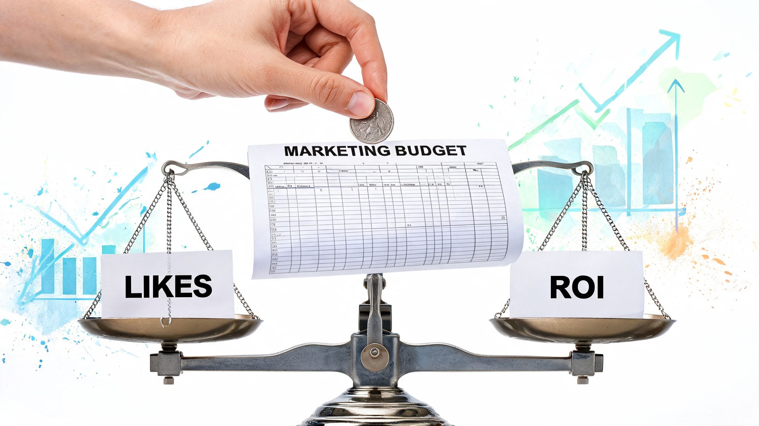 A hand placing a coin onto a balance scale weighing marketing budget between social likes and ROI.
