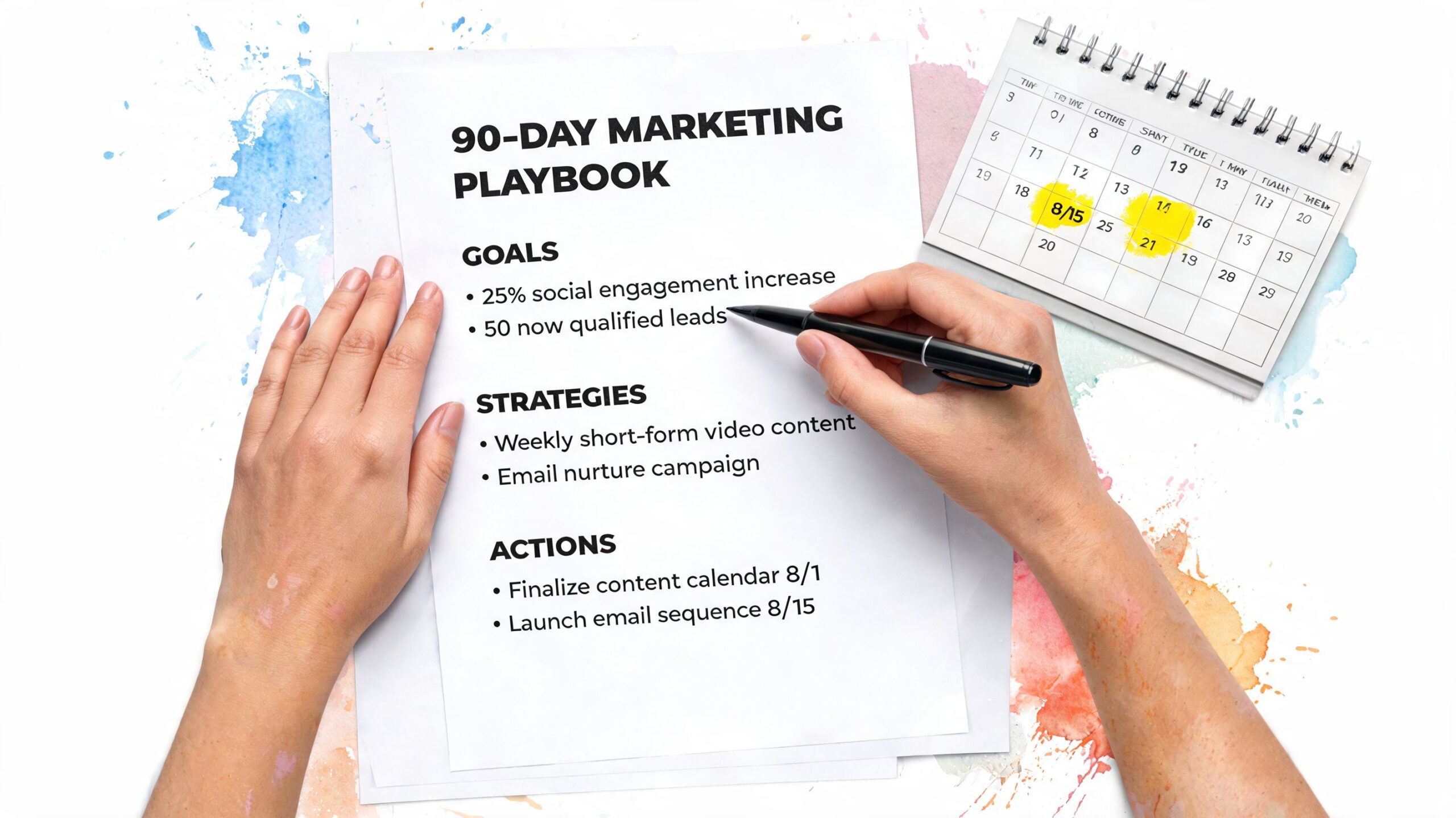 A person writing a 90-day marketing plan on a piece of paper with a calendar nearby.