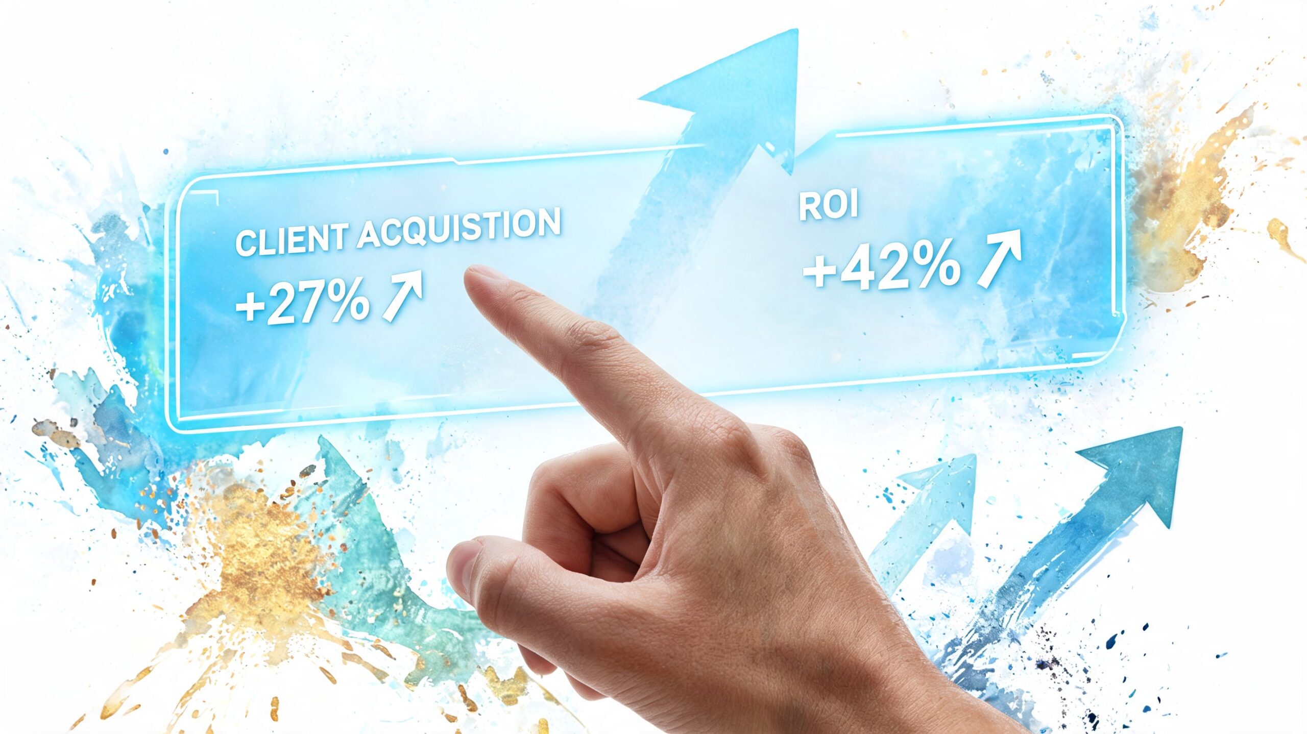 A hand touching a glowing digital interface showing business growth metrics for client acquisition and ROI.