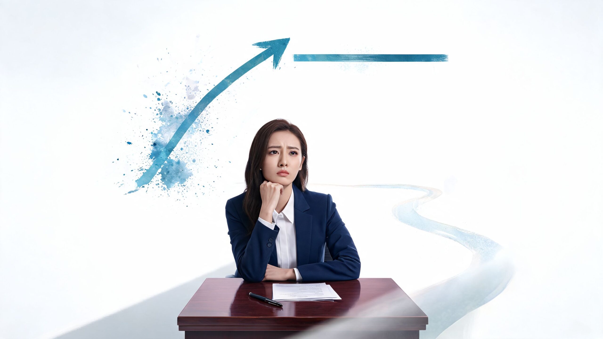 A professional woman in a suit sitting at a desk contemplating future business growth strategies.