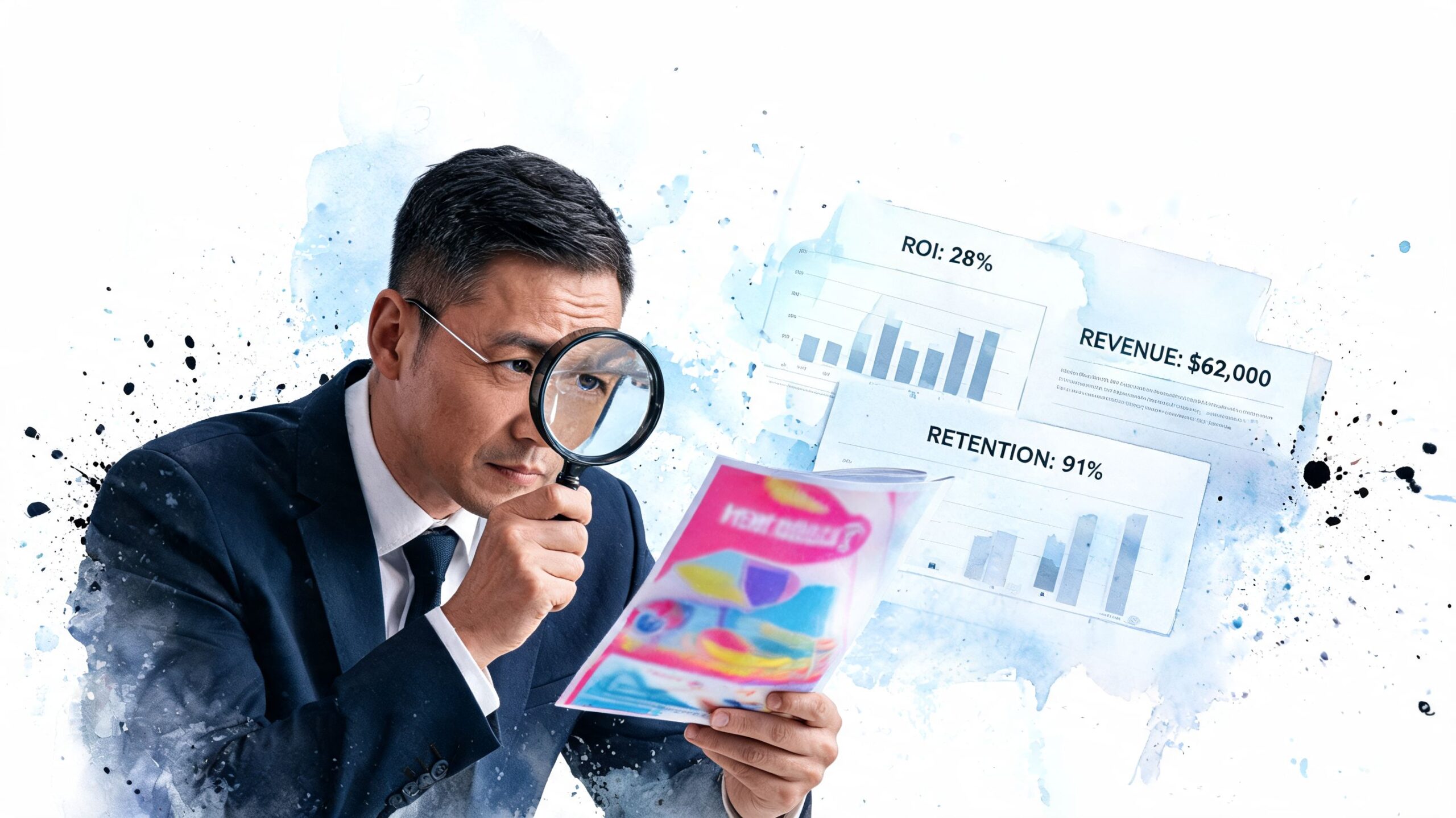 A professional man in a suit examines marketing documents using a magnifying glass with business growth data.