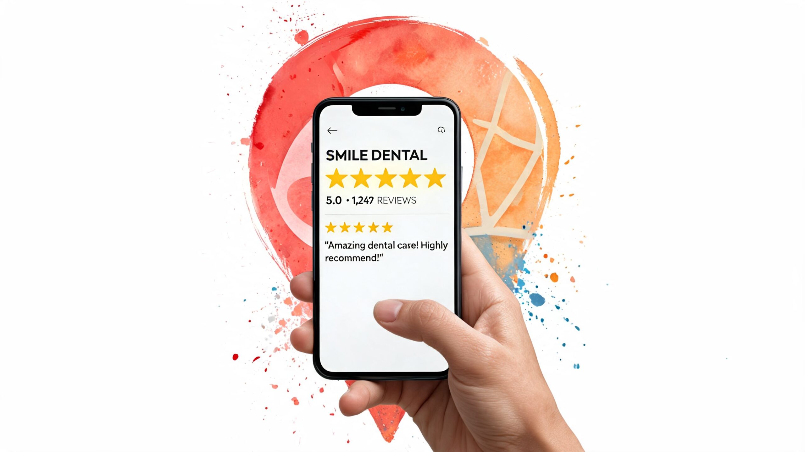A hand holding a smartphone displaying a five star rating and a positive review for Smile Dental.