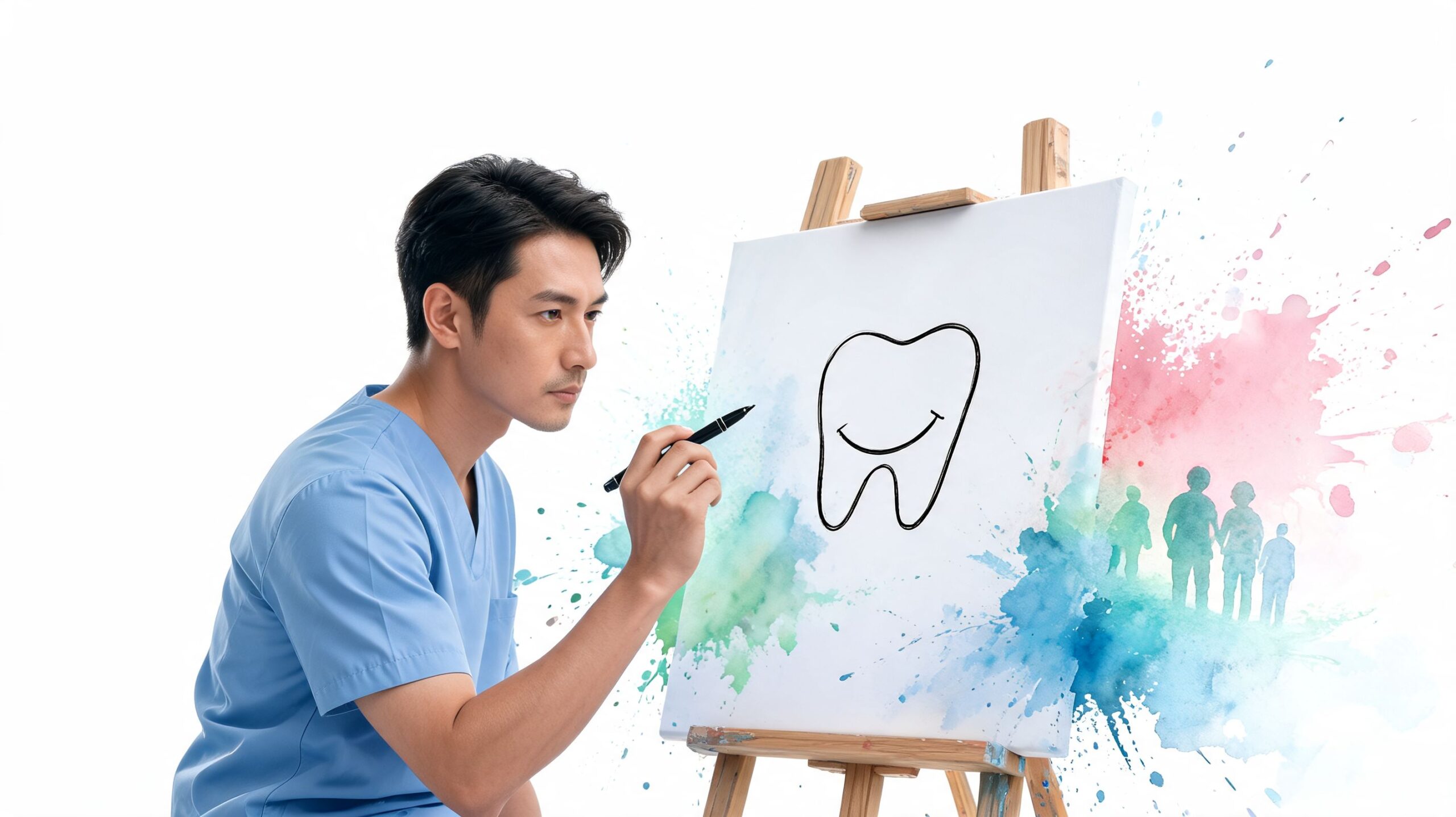 A male dentist wearing blue scrubs drawing a smiling tooth illustration on a canvas with watercolors.