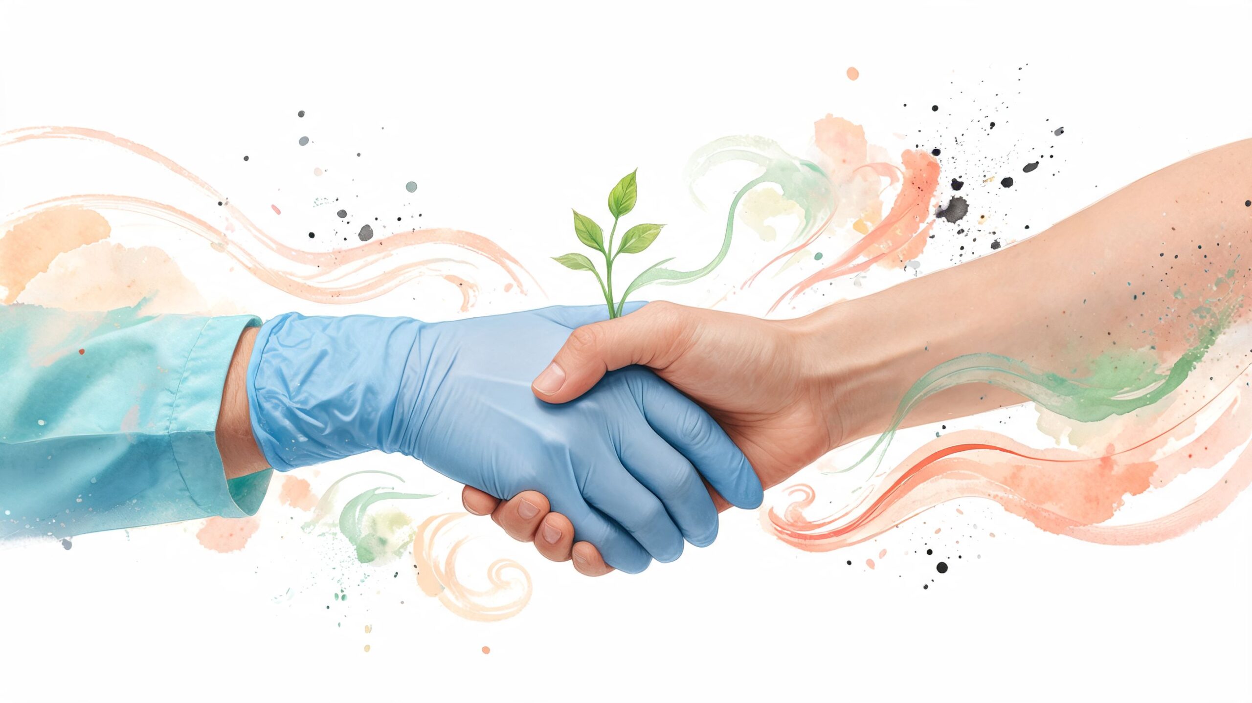 A gloved medical professional and a patient shaking hands with a small green plant growing between them.