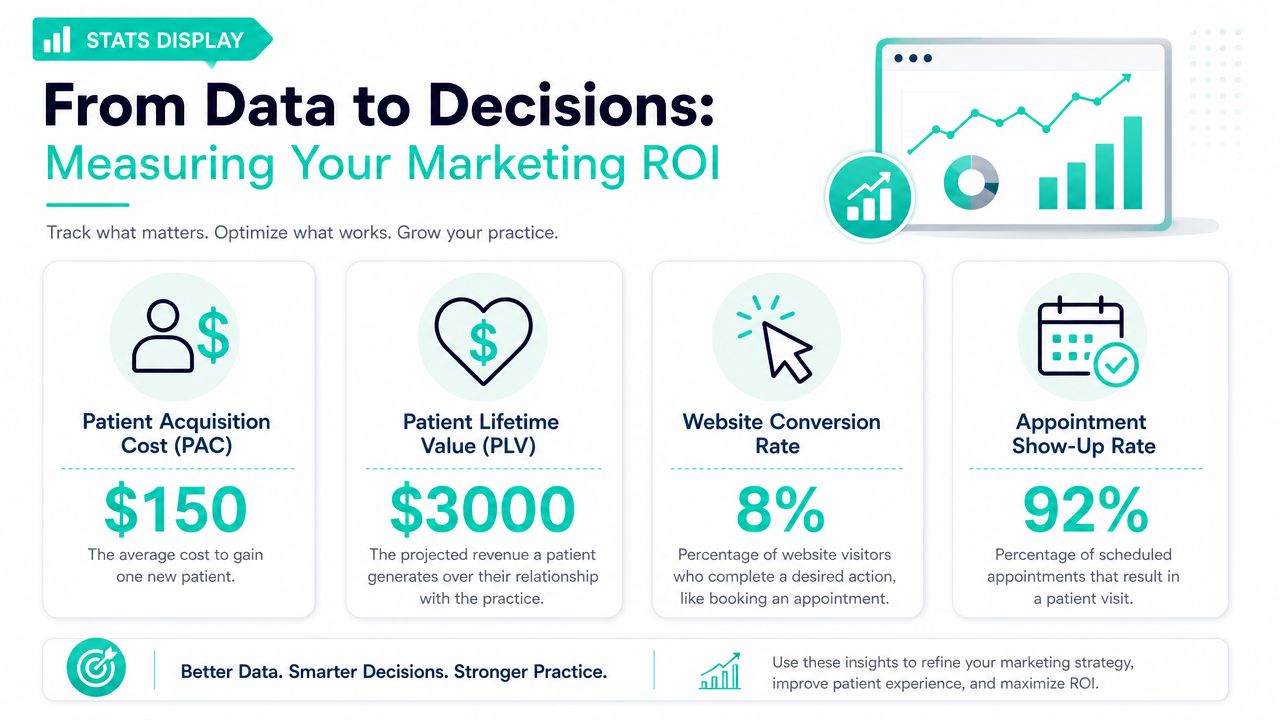 An infographic showing key marketing metrics for healthcare practices, including patient acquisition cost and lifetime value statistics.