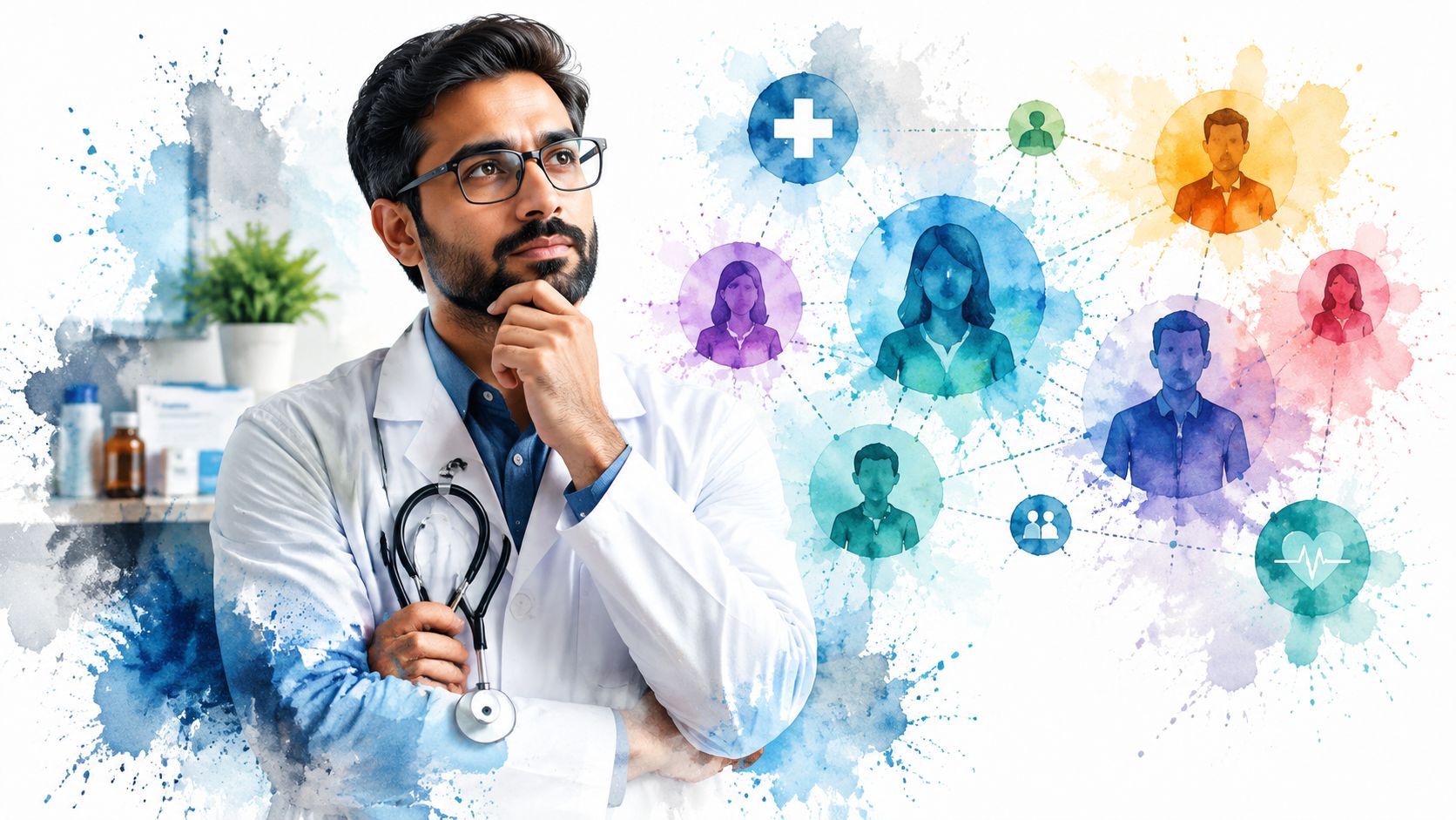 A pensive healthcare professional thinking about a network of patients and medical icons in watercolor style.