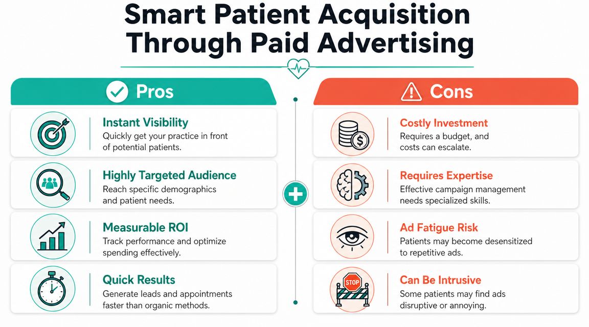 An infographic comparing the pros and cons of using paid advertising for patient acquisition in healthcare practices.