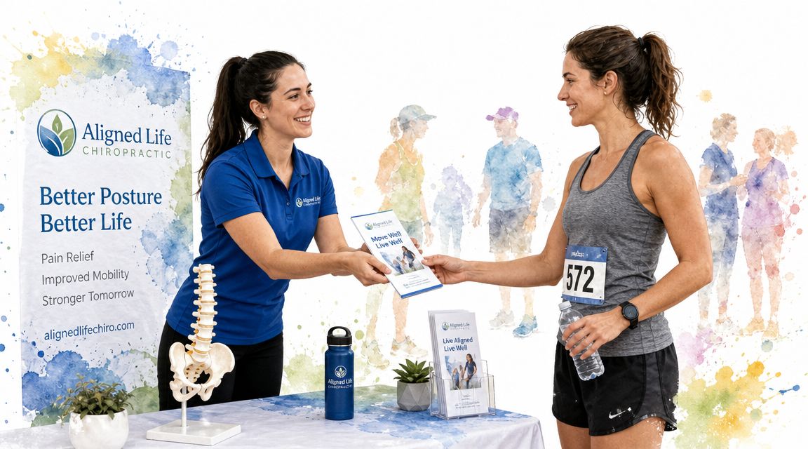 A female chiropractor handing a brochure to a female runner at a marketing event booth.
