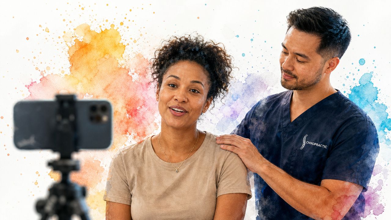 A male chiropractor provides a patient consultation while recording a video on a smartphone for social media.