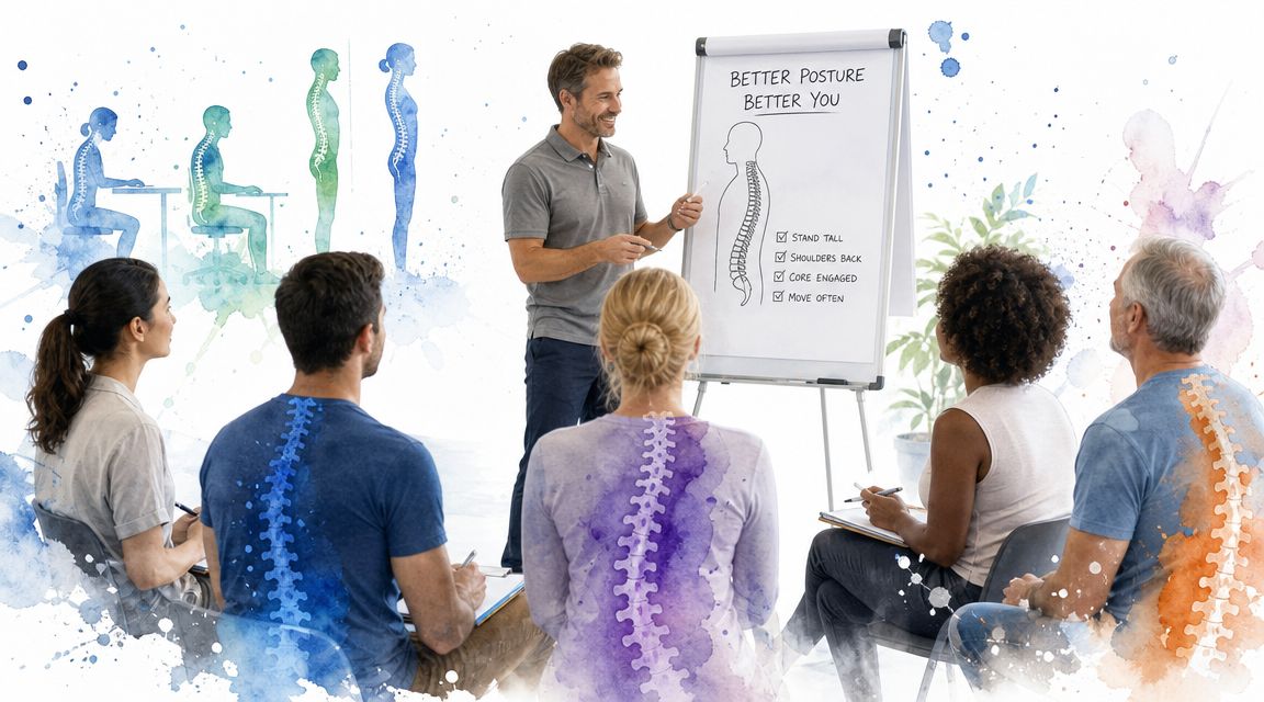 A professional chiropractor leading a workshop on posture, with an educational flipchart and illustrated spinal overlays.