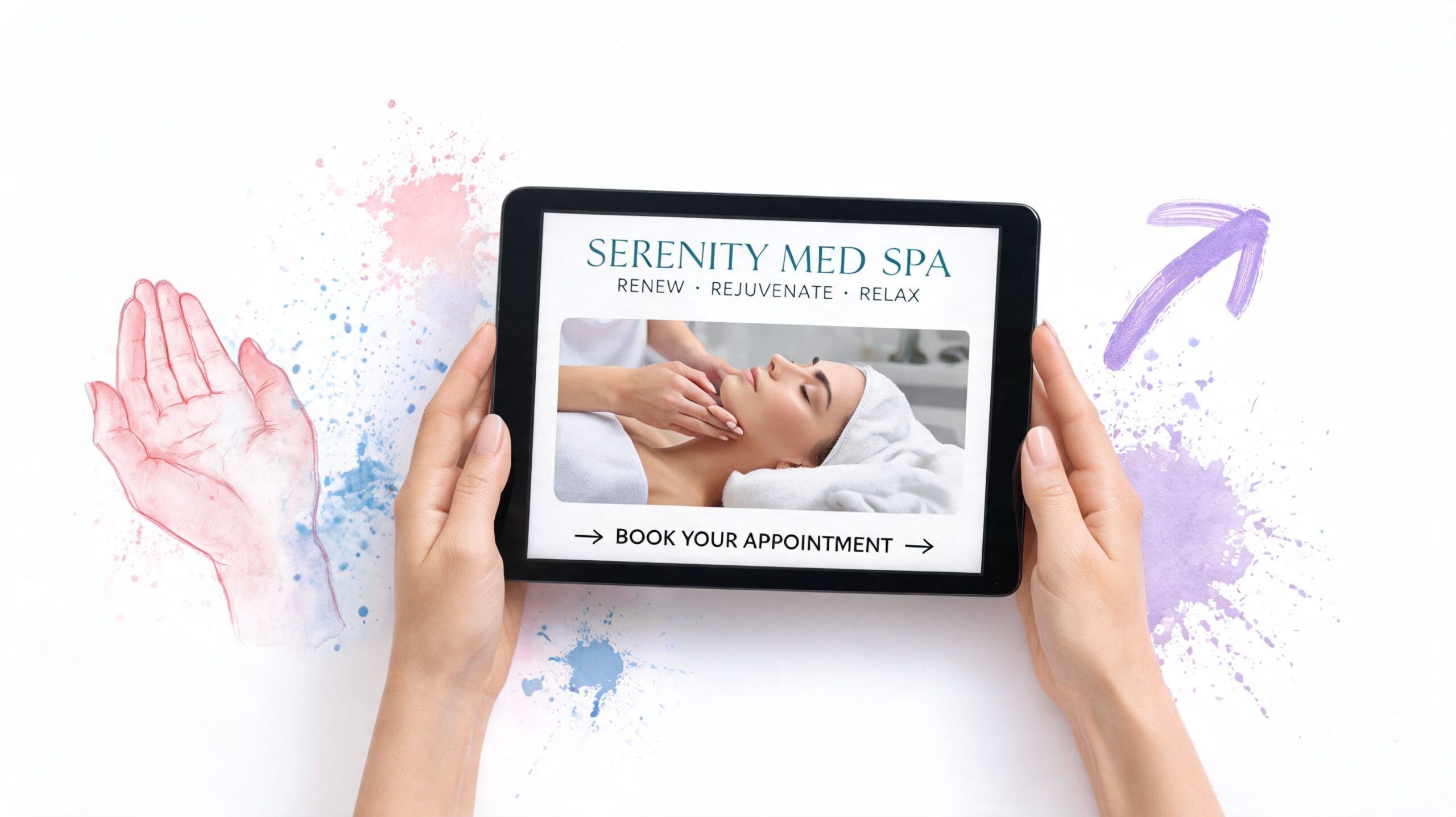 A person holding a tablet displaying a Serenity Med Spa appointment booking website with watercolor background art.