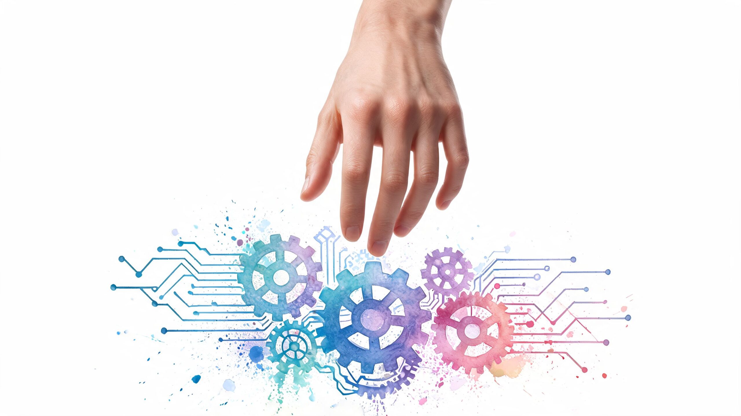 A human hand reaching toward a colorful watercolor illustration of interconnected gears and circuit board patterns.