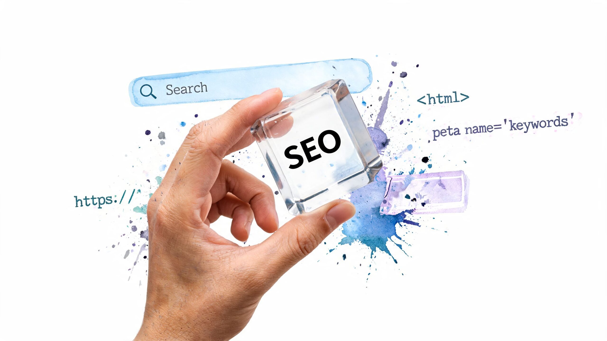 A hand holding a glass block labeled SEO surrounded by watercolor graphics of search icons and code