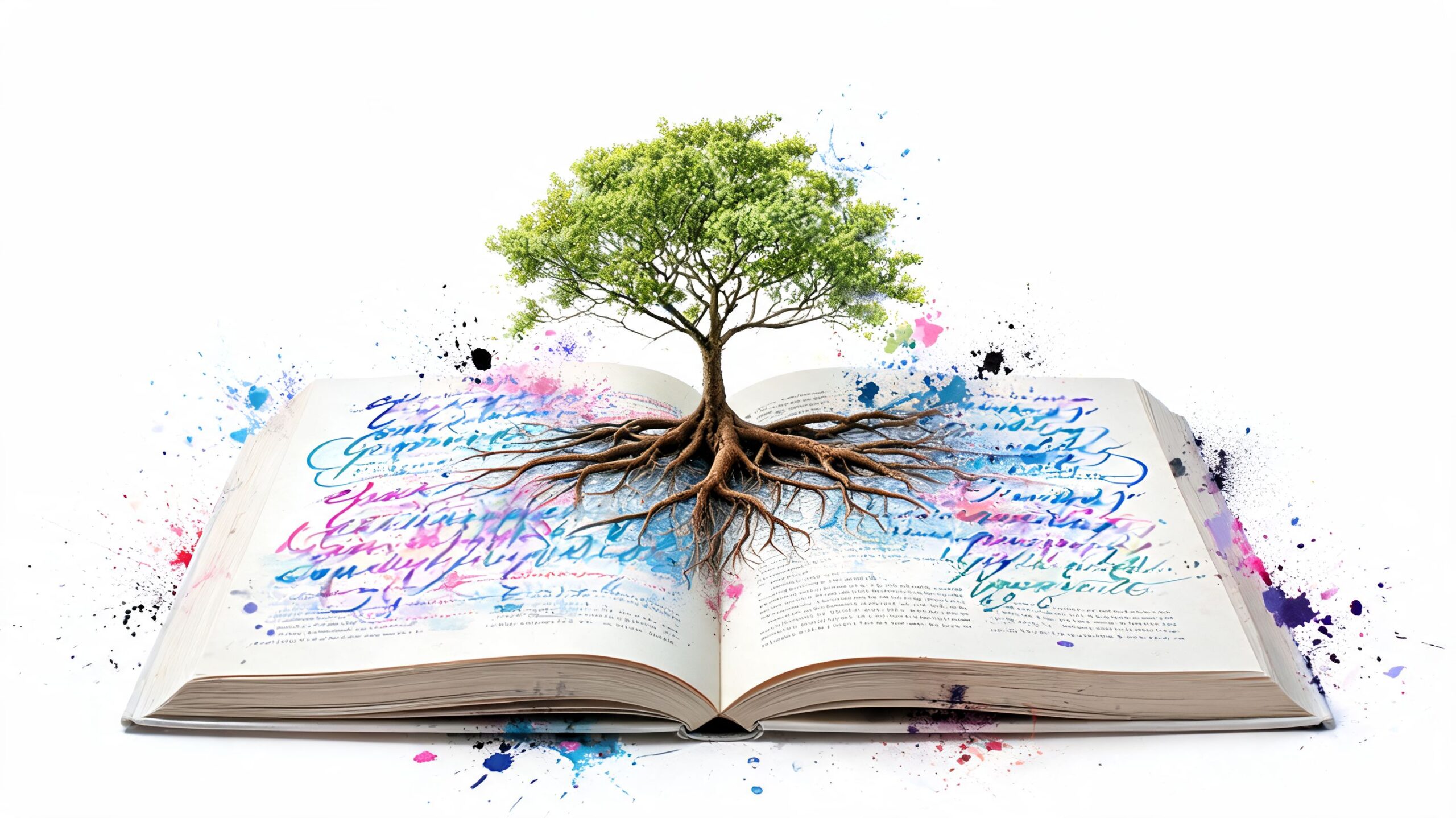 A vibrant tree growing from the center of an open book with abstract colorful ink splashes.